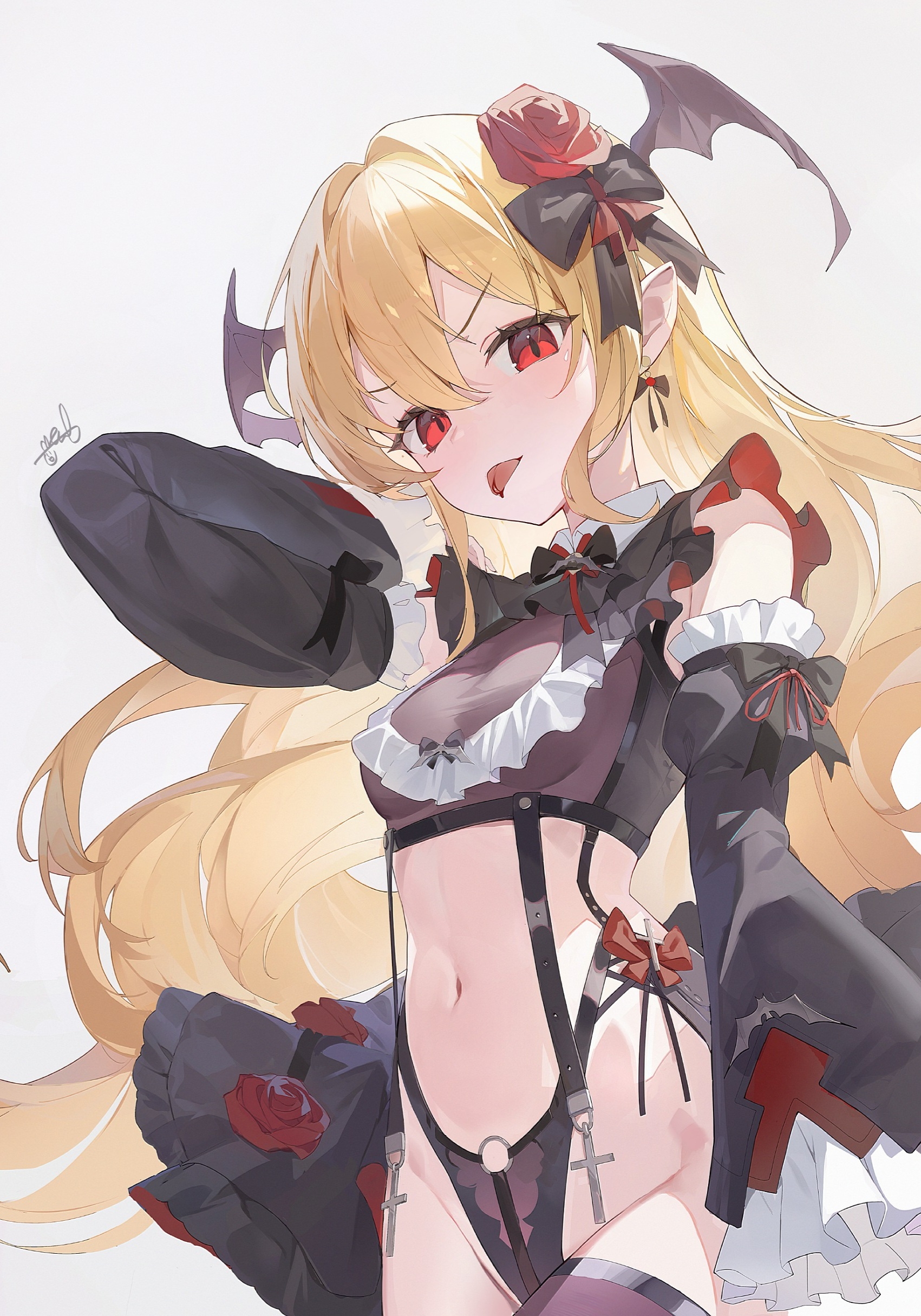 halak0000, original, absurdres, highres, 1girl, :p, bat wings, black bow, black sleeves, blonde hair, bow, breasts, cowboy shot, crop top, cross, cross earrings, detached sleeves, earrings, flower, frilled sleeves, frills, hair between eyes, hair bow, hair flower, hair ornament, head wings, highleg, jewelry, long hair, long sleeves, looking at viewer, navel, o-ring, pointy ears, red eyes, red flower, red rose, rose, shirt, signature, simple background, small breasts, solo, thighhighs, tongue, tongue out, vampire, very long hair, white background, wings