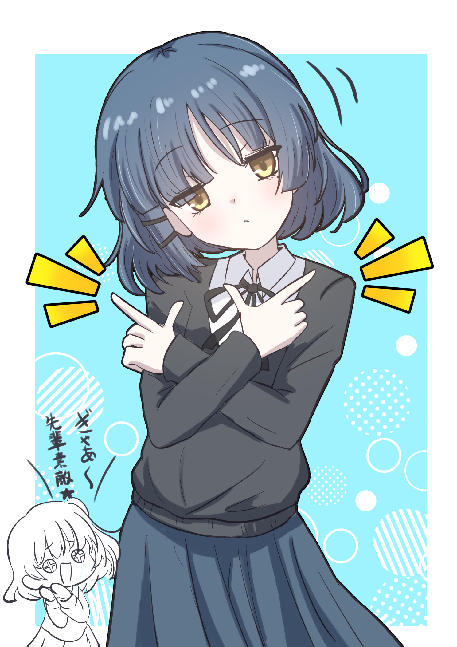 giorgio (yo sumire sola1), kita ikuyo, yamada ryo, bocchi the rock!, commentary, highres, translation request, 2girls, black ribbon, black sweater, blue background, blue hair, blue skirt, closed mouth, double finger gun, finger gun, hair ornament, hairclip, long hair, looking at viewer, multicolored hair, multiple girls, neck ribbon, outside border, ribbon, roots (hair), school uniform, shirt, short hair, skirt, star-shaped pupils, star (symbol), sweater, symbol-shaped pupils, white shirt, yellow eyes