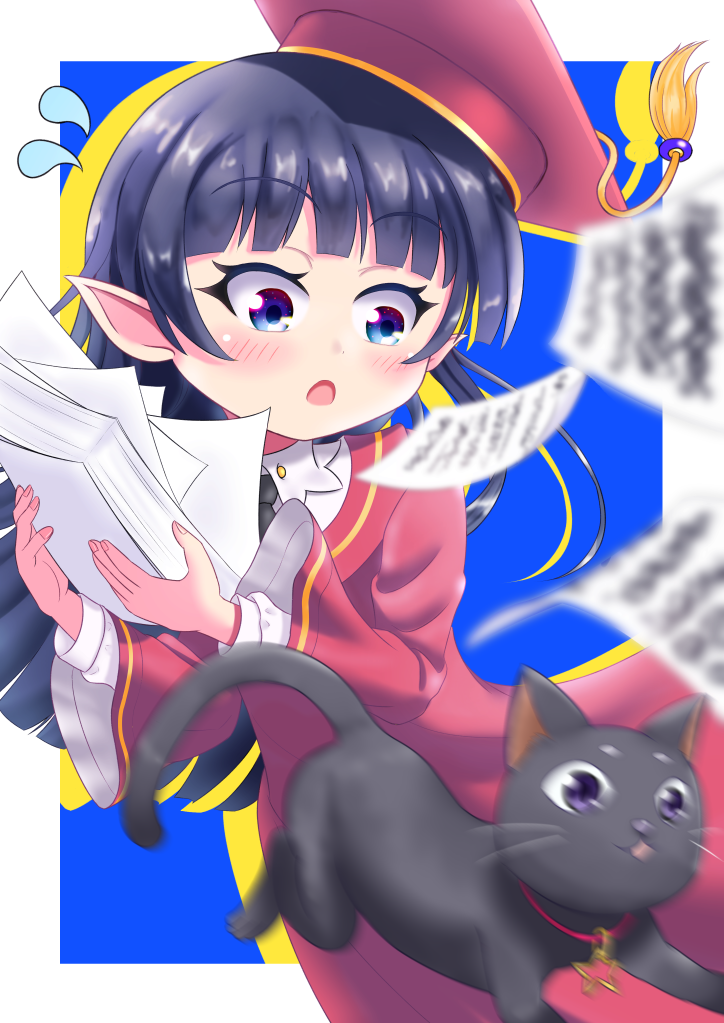 iris mysteria!, 1girl, black cat, black hair, black necktie, blue eyes, cat, dress, flying sweatdrops, hat, holding, holding paper, long hair, naja (iris mysteria!), necktie, open mouth, paper, pointy ears, red dress, red hat, shirt, solo, uninininidoru, white shirt