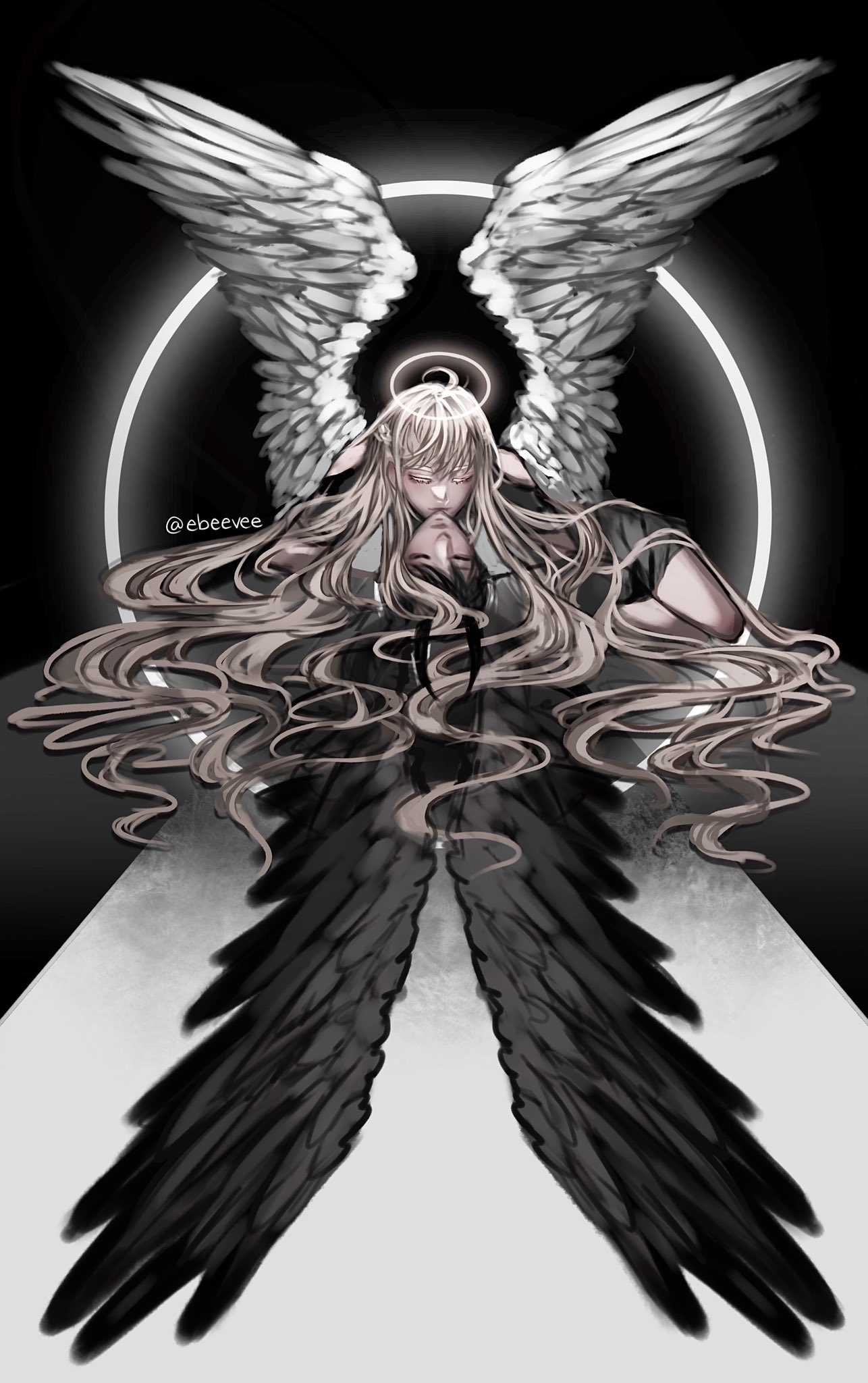 evie (baoxiao), kim dokja, uriel (omniscient reader's viewpoint), omniscient reader's viewpoint, highres, 1girl, 1other, ahoge, angel and devil, arms behind back, black dress, black wings, blonde hair, closed eyes, clothing cutout, demon horns, dress, feathered wings, full body, girl on top, halo, heads together, hetero, horns, legs together, long hair, lying, on back, on ground, shoulder cutout, very long hair, white wings, wings