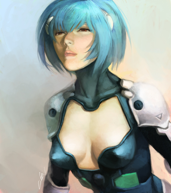 cuson, ayanami rei, neon genesis evangelion, 1girl, alternate costume, blue hair, breasts, cleavage cutout, clothing cutout, female focus, gradient background, hair between eyes, interface headset (evangelion), mecha pilot suit, no bra, plugsuit (evangelion), realistic, red eyes, short hair, simple background, small breasts, solo