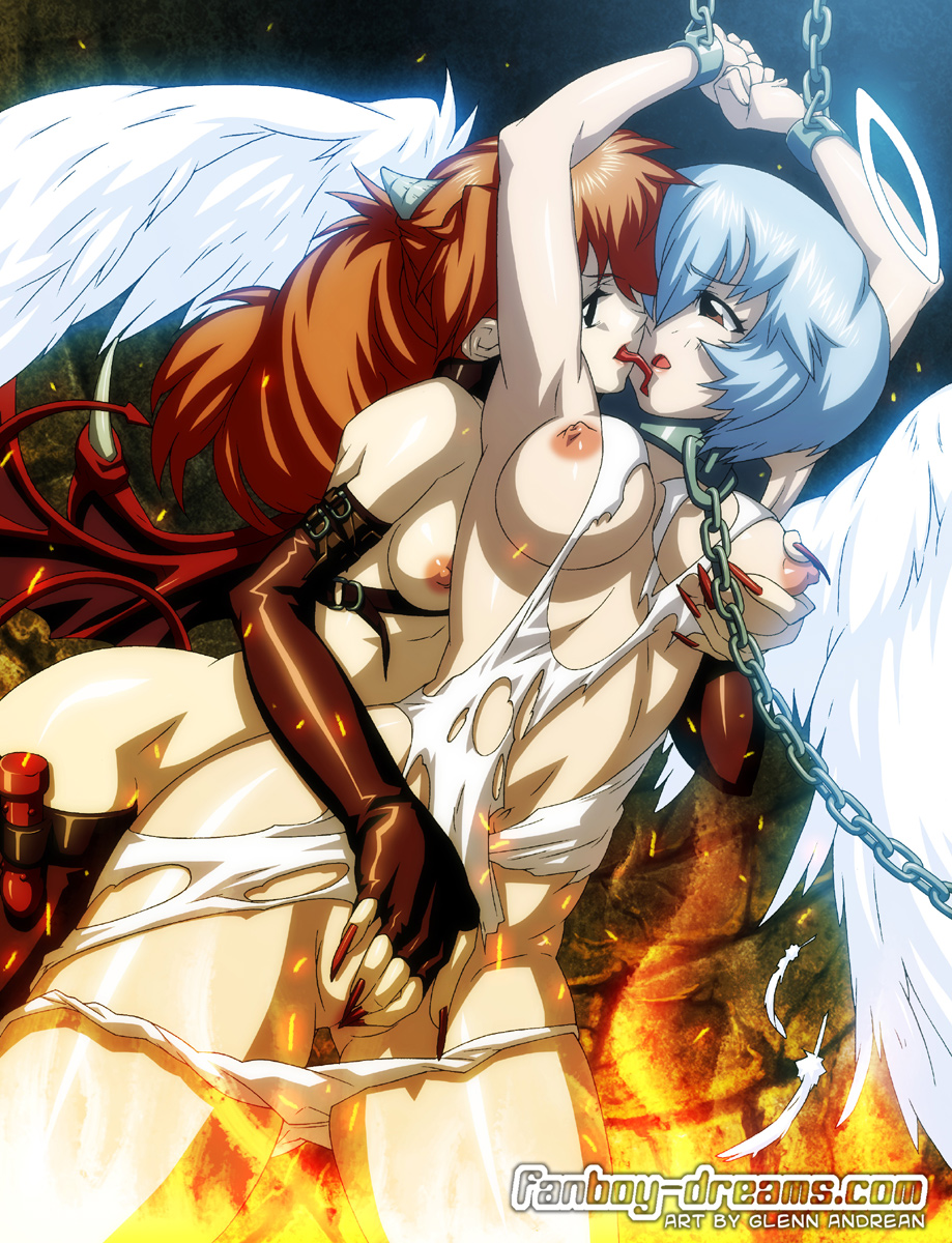 glenn andrean, ayanami rei, souryuu asuka langley, neon genesis evangelion, highres, 2girls, angel, angel and devil, angel wings, blue hair, breasts, chain, collar, cuffs, demon, demon girl, demon tail, demon wings, devil, dildo, elbow gloves, feathers, fingering, french kiss, gloves, grabbing another's breast, halo, horns, kiss, long hair, manacles, multiple girls, panties, panty pull, red hair, short hair, tail, thighhighs, tongue, torn clothes, uncensored, underwear, wings, yuri