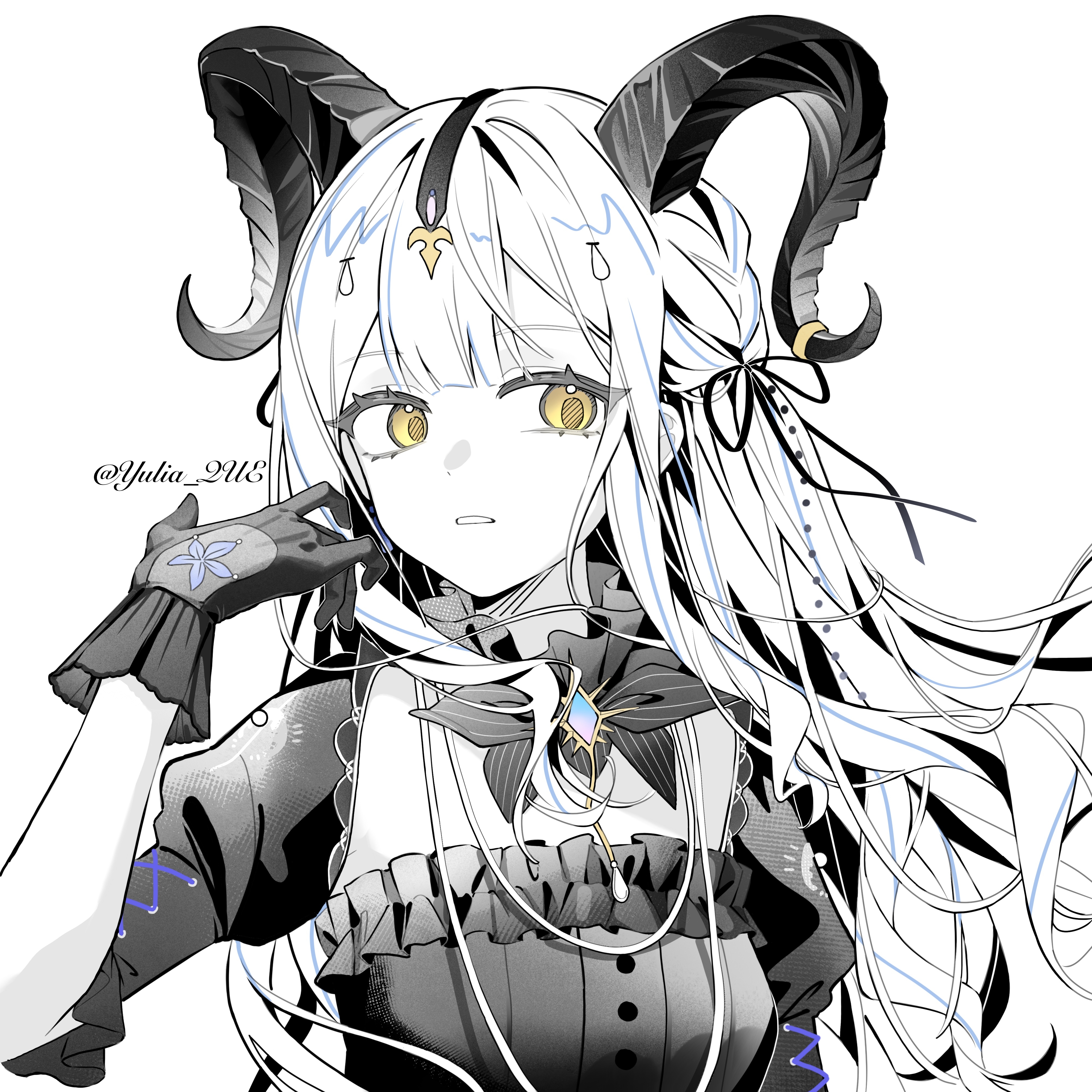 togawa sakiko, togawa sakiko (master of melodia), arknights, bang dream!, bang dream! it's mygo!!!!!, absurdres, chinese commentary, commentary request, highres, 1girl, blunt bangs, braid, curled horns, detached collar, gloves, hair ribbon, horns, jewelry, lanmei nai fu ye, long hair, looking at viewer, necklace, parted lips, partially colored, ribbon, sidelocks, simple background, solo, two side up, upper body, white background, yellow eyes