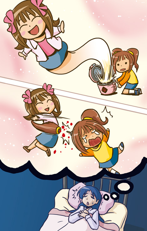 riyo (lyomsnpmp), amami haruka, amamiya haruka, kisaragi chihaya, takatsuki yayoi, idolmaster, idolmaster (classic), idolmaster 1, 00s, bed, blood, blue hair, brown hair, dreaming, grabbing another's hair, holding another's hair, pajamas, pillow, ribbon, skirt, tears, twintails, violence