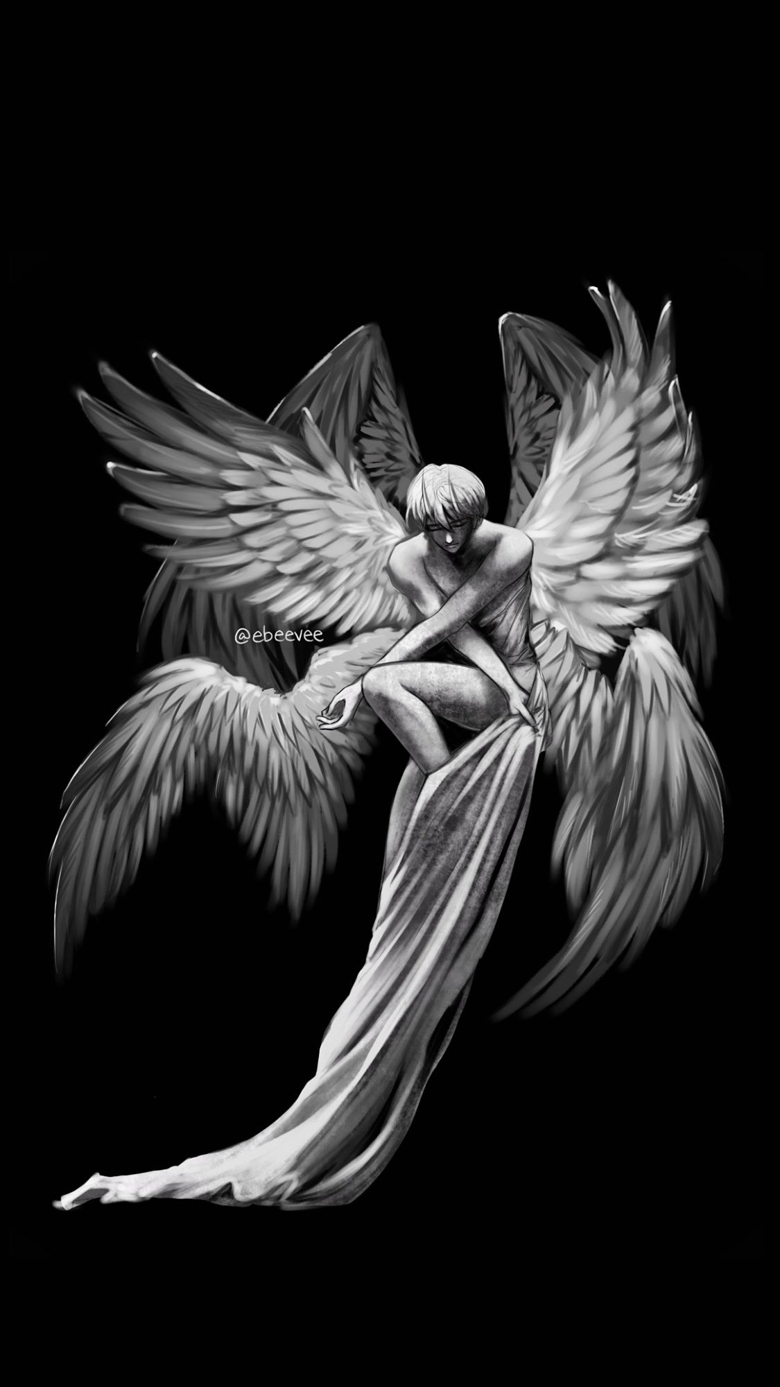 evie (baoxiao), kim dokja, omniscient reader's viewpoint, highres, 1boy, black wings, closed eyes, clothes grab, covering privates, demon horns, facing viewer, full body, greyscale, head down, horns, knee up, male focus, monochrome, outstretched leg, painterly, parody, robe, short hair, solo, statue, too many wings, white wings, wings