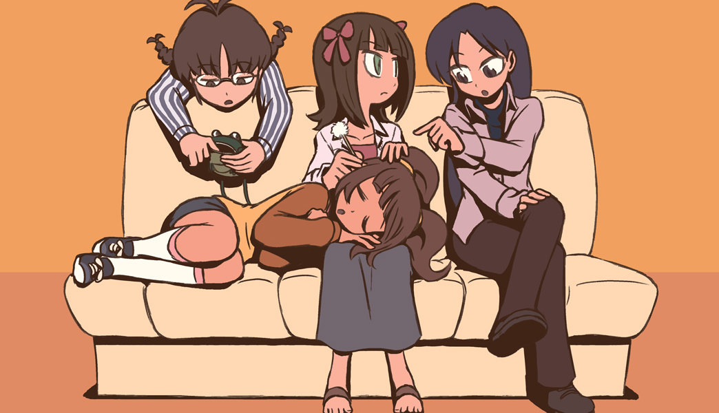 riyo (lyomsnpmp), akizuki ritsuko, amami haruka, amamiya haruka, kisaragi chihaya, takatsuki yayoi, idolmaster, idolmaster (classic), idolmaster 1, 00s, blue hair, braid, brown eyes, brown hair, couch, ear cleaning, glasses, green eyes, kneehighs, lap pillow, mimikaki, pointing, ribbon, shirt, skirt, slice of life, socks, striped clothes, striped shirt, twin braids, twintails