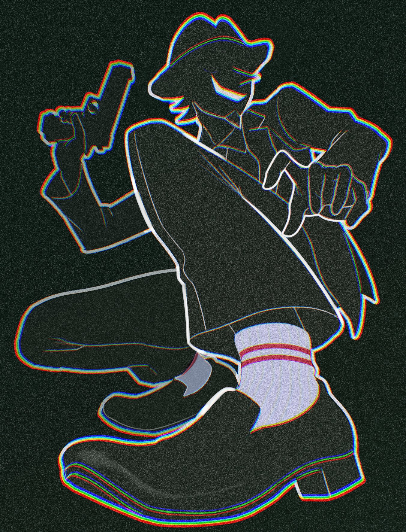 deltarune, utdr (toby fox), highres, 1boy, black hat, black jacket, black pants, black shoes, chromatic aberration, film grain, from below, gun, hat, holding, holding gun, holding weapon, jacket, male focus, outline, pants, pointy nose, shadowguy (deltarune), shoes, smile, socks, solo, squatting, valve core, weapon, white outline, white socks