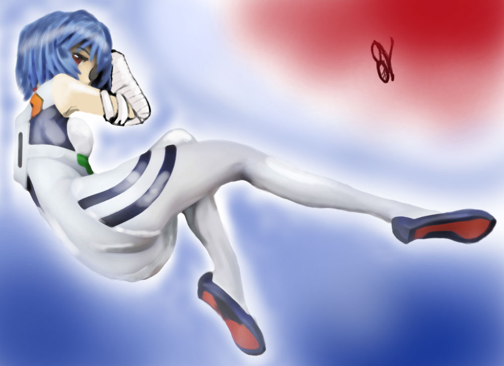 ayanami rei, neon genesis evangelion, bandages, blue hair, broken, broken eyewear, glasses, lying, mecha pilot suit, plugsuit (evangelion), red eyes, short hair, solo