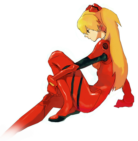 souryuu asuka langley, neon genesis evangelion, lowres, 1girl, arm support, black eyes, bodysuit, bracer, breasts, expressionless, female focus, from side, gloves, hair between eyes, hair ornament, knee up, long hair, looking down, mecha pilot suit, orange hair, plugsuit (evangelion), profile, red hair, simple background, sitting, small breasts, solo, white background