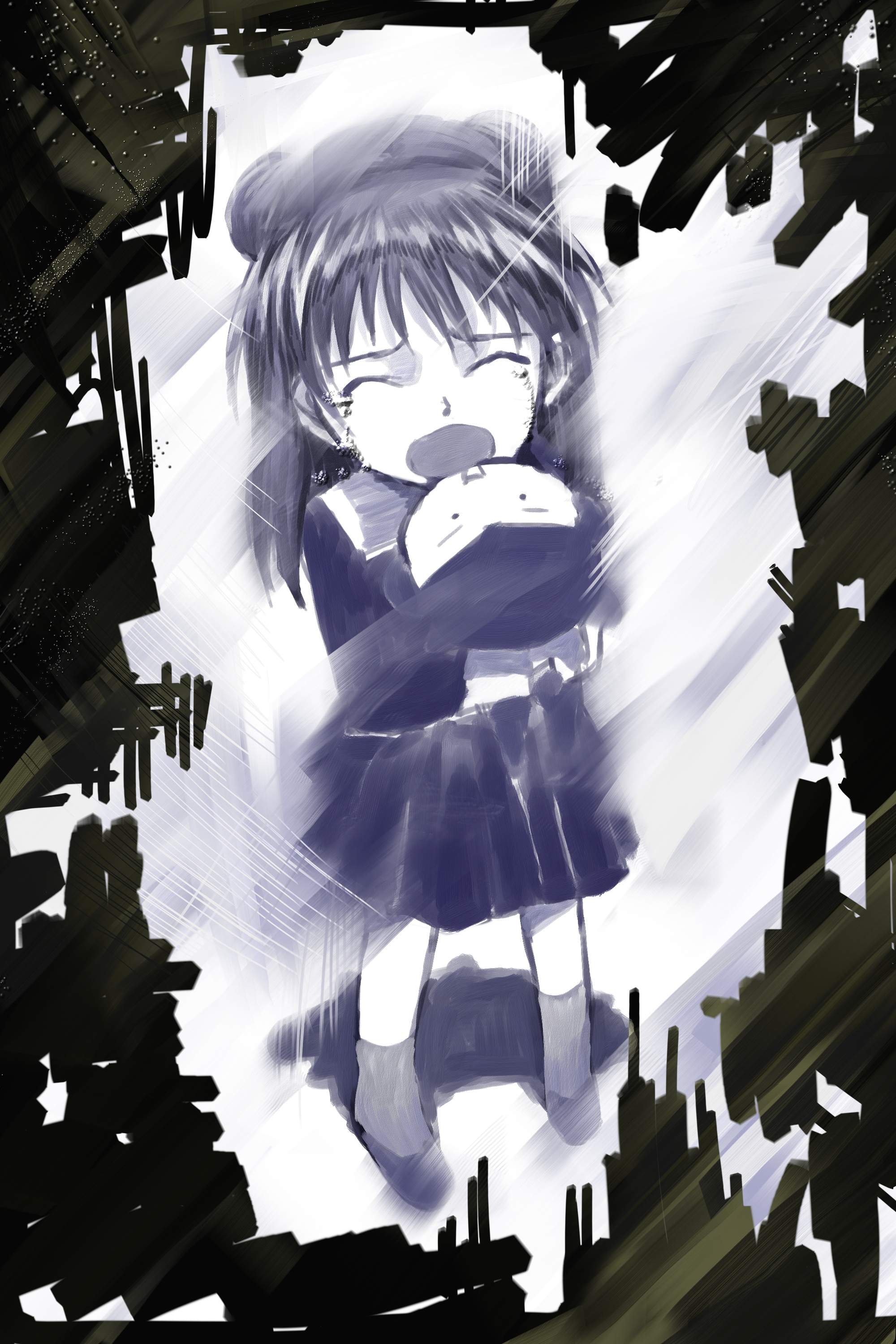 souryuu asuka langley, neon genesis evangelion, absurdres, highres, 1girl, aged down, blue theme, closed eyes, doll, dress, female focus, hug, hugging doll, hugging object, long hair, monochrome, solo, stuffed animal, stuffed toy, tears
