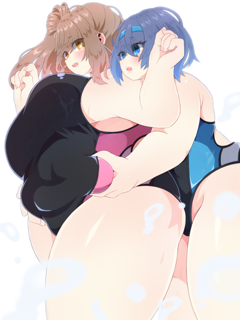 konbu latte, konbulatte, sasara sato, satou sasara, suzuki tsudumi, cevio, 2girls, arms up, belly grab, black one-piece swimsuit, blue eyes, blue hair, blue hairband, blush, breasts, brown hair, covered navel, fat, fat woman, grabbing from behind, hair bun, hairband, large breasts, medium hair, multiple girls, one-piece swimsuit, open mouth, plump, short hair, side bun, side ponytail, single hair bun, standing, sweat, swimsuit, thick thighs, thighs, water, wet, white background, yellow eyes, yuri