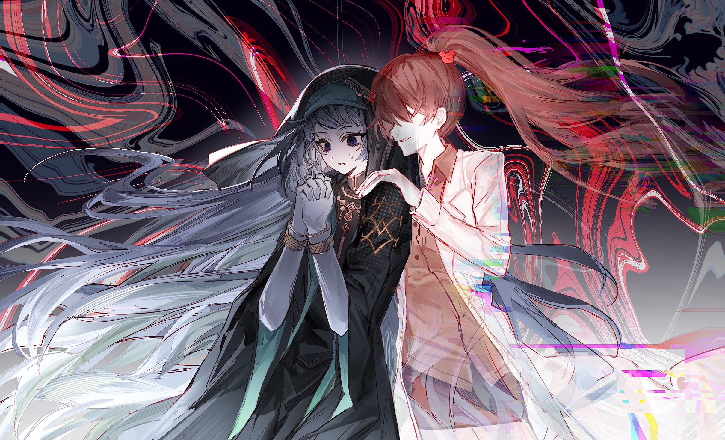 bochishiraita, carmen (project moon), arknights, limbus company, project moon, highres, 2girls, brown hair, coat, distortion, high ponytail, lab coat, long hair, mayors (project moon), multiple girls, ponytail, robe, white hair