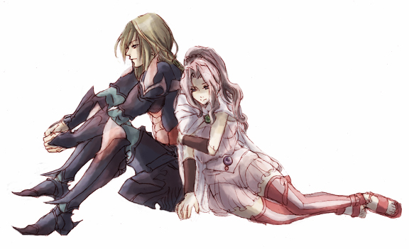 rika (ajidori), rika (artist), cain highwind, porom, white mage (final fantasy), final fantasy, final fantasy iv, final fantasy iv: the after years, 1990s (style), 1boy, 1girl, armor, cape, dragoon, pink hair, ponytail, retro artstyle, thighhighs