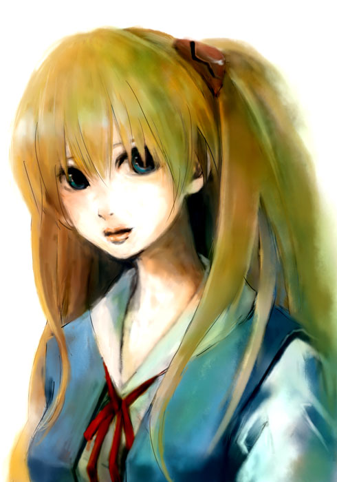 souryuu asuka langley, neon genesis evangelion, non-web source, blue eyes, long hair, red hair, school uniform, serafuku, solo