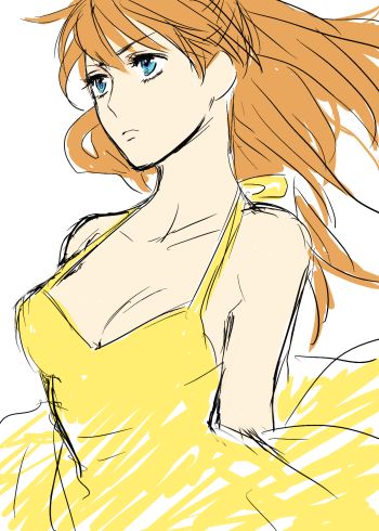 souryuu asuka langley, neon genesis evangelion, lowres, non-web source, 1girl, bare shoulders, blue eyes, breasts, cleavage, dress, female focus, long hair, medium breasts, red hair, solo, yellow dress