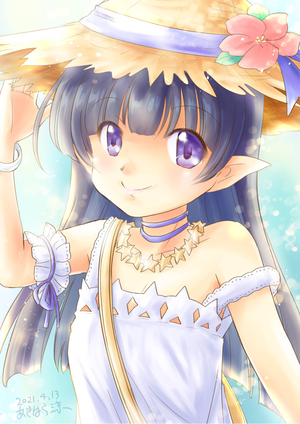 akihara ryou, iris mysteria!, highres, 1girl, armband, artist name, bag, black hair, blue choker, blue ribbon, bracelet, breasts, choker, dated, dress, flower, frilled armband, frills, hat, hat flower, jewelry, naja (iris mysteria!), necklace, pointy ears, purple eyes, ribbon, shoulder bag, sleeveless, sleeveless dress, small breasts, smile, solo, star (symbol), star necklace, straw hat, upper body, white armband, white dress