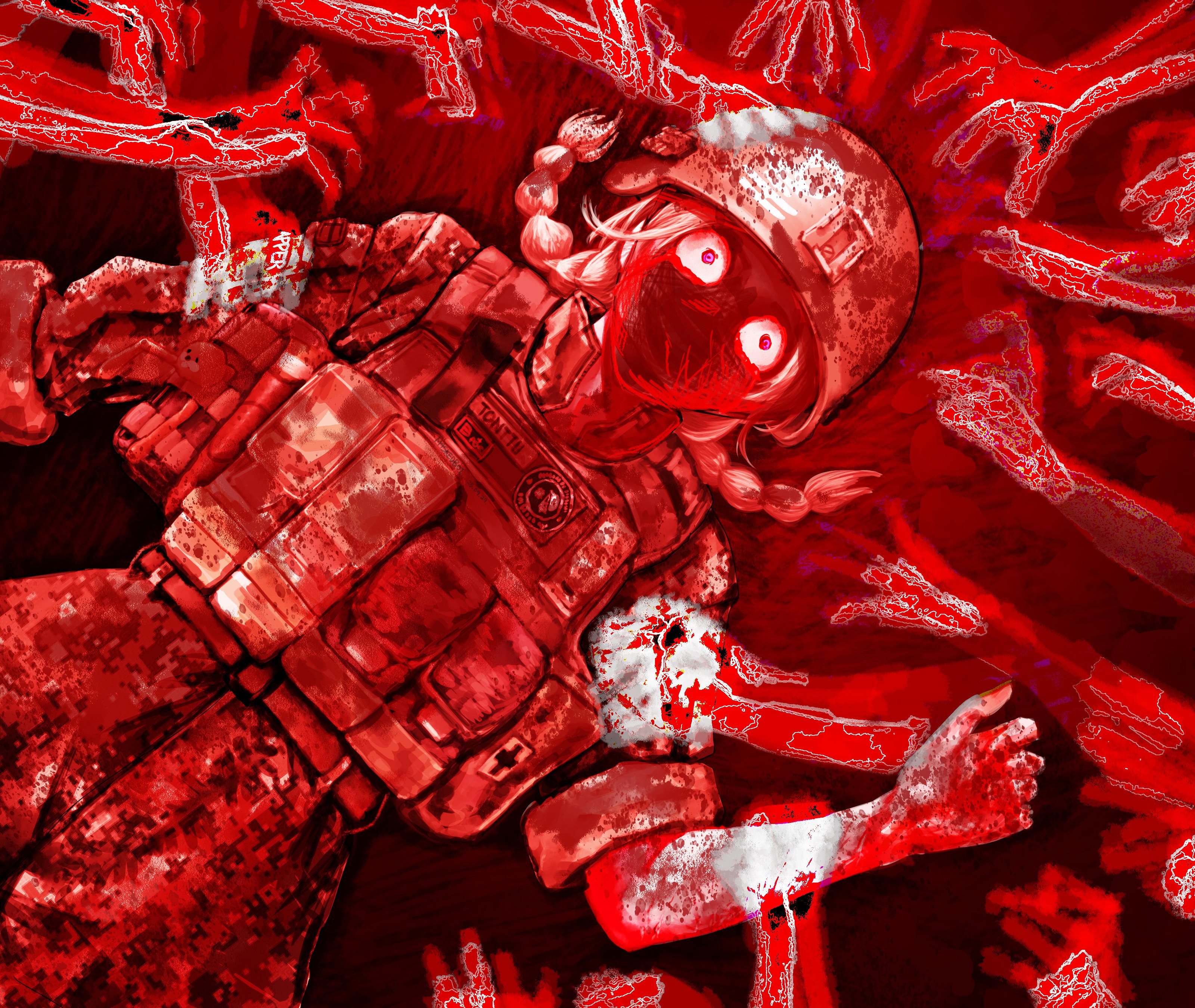 m4skedboi, gondola (meme), original, absurdres, commission, highres, 1girl, ammunition pouch, blonde hair, blood, blood on face, blood type, bulletproof vest, camouflage, camouflage jacket, camouflage pants, closed eyes, combat helmet, crazy eyes, digital camouflage, finnish flag, finnish text, flag patch, flower, from above, gloves, green helmet, helmet, jacket, load bearing vest, lying, meme, military, military uniform, mm14, myroslava bozhuk, no mouth, no nose, pants, patch, pouch, ptsd, russo-ukrainian war, scar, scar on arm, scar on face, scared, shoulder patch, soldier, spot color, surrounded, surrounded by hands, too many hands, wide-eyed