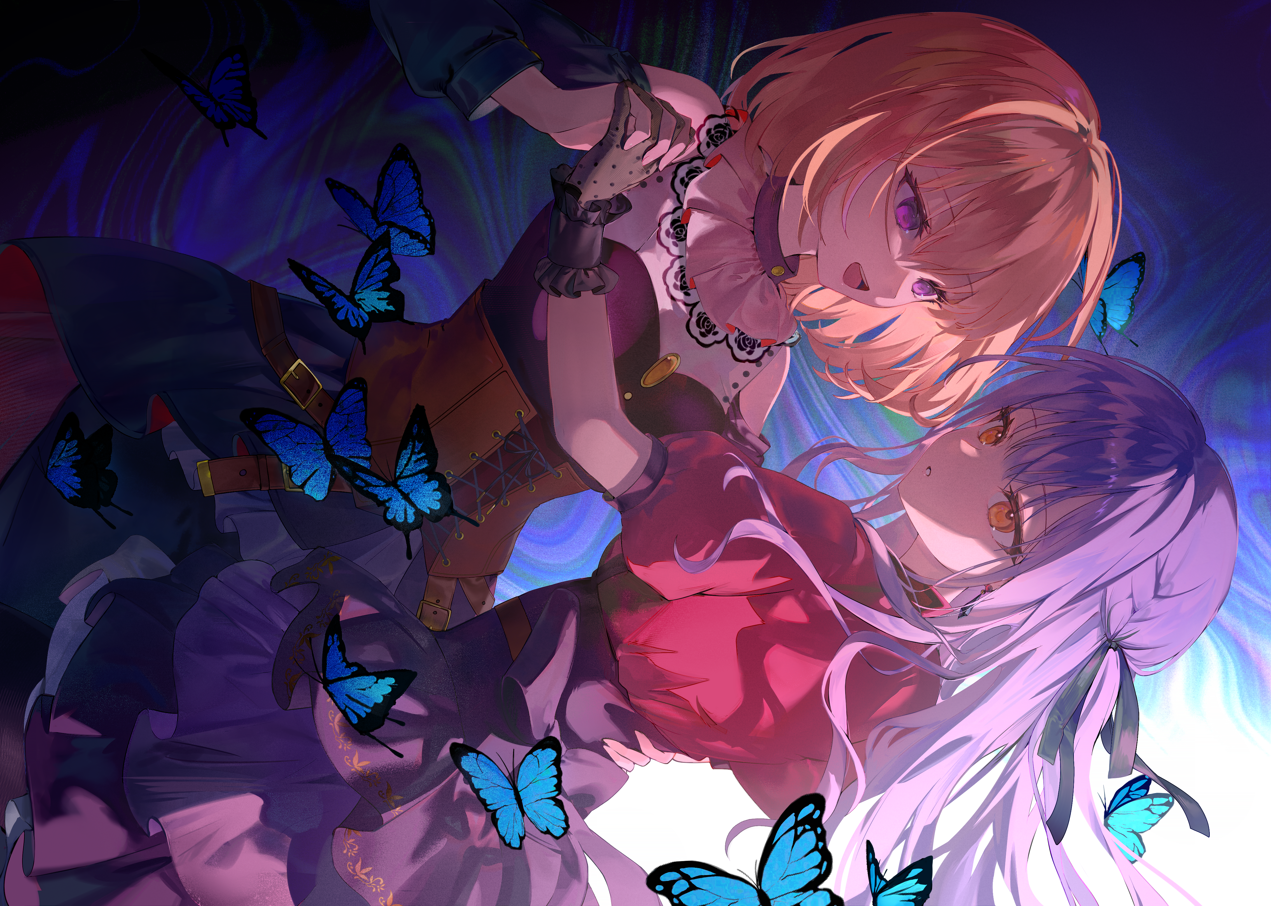 amano (amn amn), doloris (bang dream!), misumi uika, oblivionis (bang dream!), togawa sakiko, bang dream!, bang dream! it's mygo!!!!!, absurdres, commentary, highres, 2girls, black dress, black gloves, black ribbon, black skirt, blonde hair, blue hair, brooch, brown corset, bug, butterfly, clothing cutout, corset, dress, gloves, hair ornament, hair ribbon, holding hands, insect, interlocked fingers, jewelry, layered skirt, long hair, long sleeves, medium hair, multiple girls, open mouth, orange eyes, puffy short sleeves, puffy sleeves, purple eyes, red shirt, ribbon, shirt, short sleeves, shoulder cutout, skirt, teeth, upper teeth only, yuri