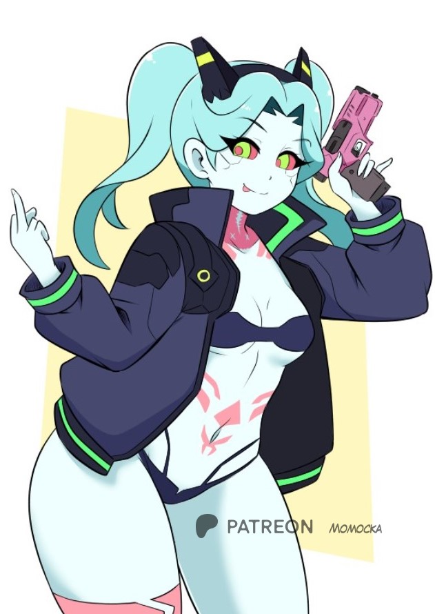 momocka-art, rebecca (cyberpunk), cyberpunk: edgerunners, cyberpunk (series), 1girl, bikini, black bikini, black jacket, blue hair, blue skin, breasts, collarbone, colored sclera, colored skin, energy gun, fake horns, green eyes, gun, holding, holding gun, holding weapon, horns, jacket, leg tattoo, long hair, long sleeves, looking at viewer, middle finger, navel, neck tattoo, open clothes, open jacket, ray gun, red sclera, small breasts, smile, standing, stomach tattoo, swimsuit, tattoo, tongue, tongue out, twintails, weapon, white background