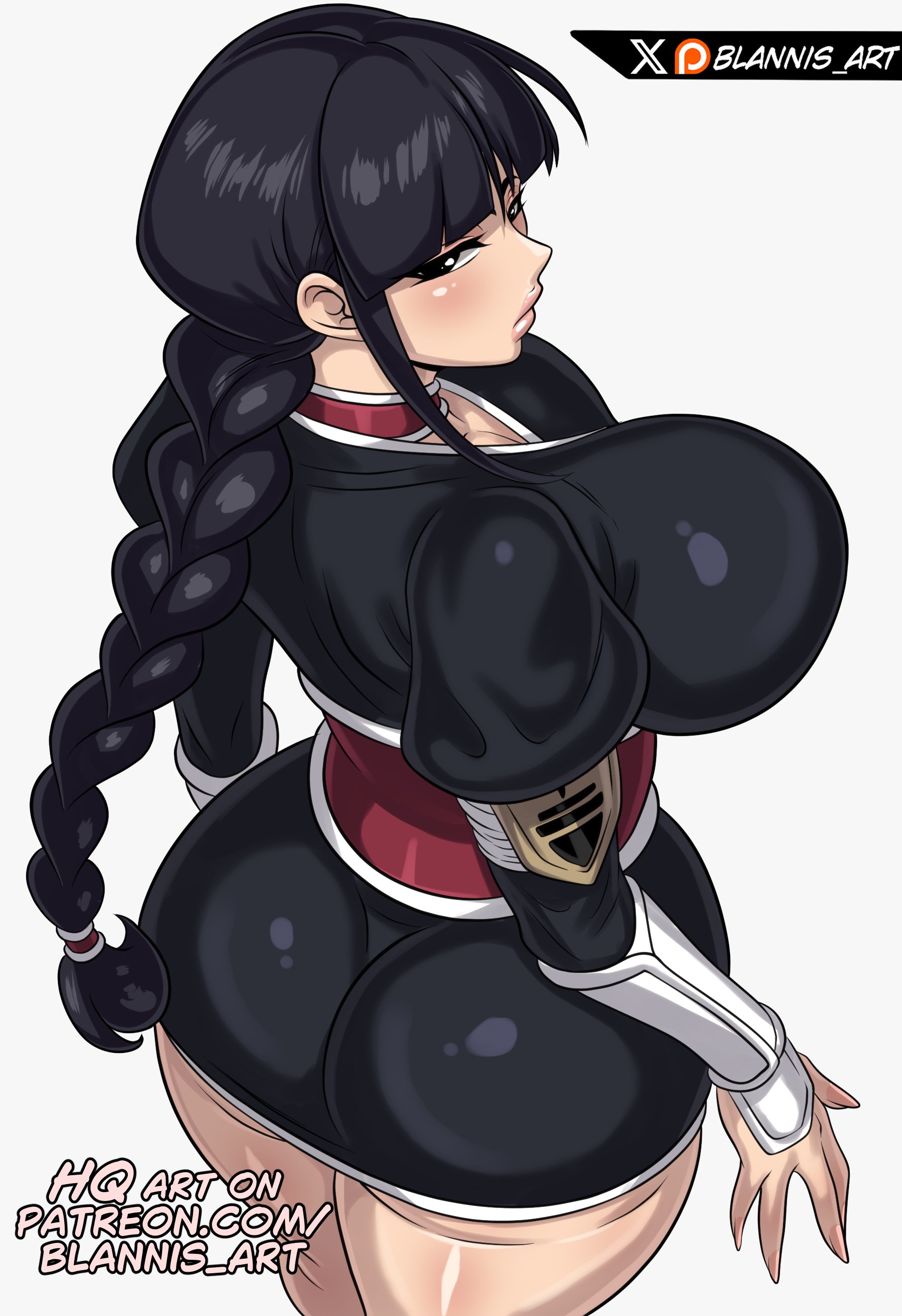 blannis, kurotsuchi nemu, bleach, paid reward available, 1girl, alternate breast size (larger), artist name, ass, black hair, braid, braided ponytail, breasts, choker, collarbone, female focus, large breasts, legs together, light blush, lips, long hair, patreon username, simple background, solo, solo focus, standing, thighs, twitter username, white background