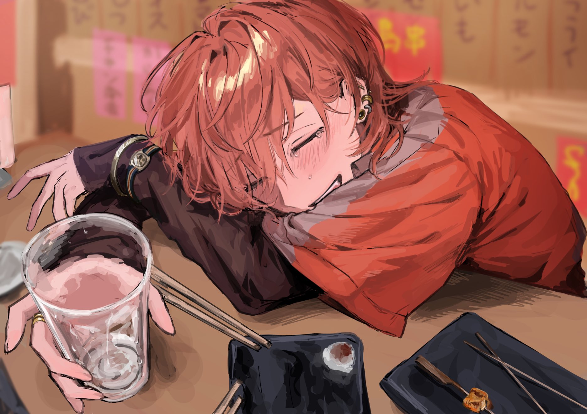nishizono renga, 18trip, highres, 1boy, alcohol, bar (place), blush, bracelet, chopsticks, cup, drinking glass, drunk, ear piercing, earrings, elbow rest, fang, flustered, full-face blush, hair between eyes, head rest, holding, holding cup, izakaya, jacket, jewelry, layered sleeves, long sleeves, mullet, multiple earrings, open mouth, piercing, red hair, shirt, short-sleeved jacket, short over long sleeves, short sleeves, sleeves past wrists, solo, tearing up, tears
