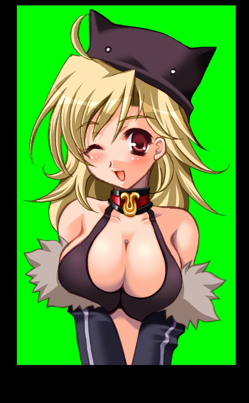 hakoiri nyanko, stalker, stalker (ragnarok online), ragnarok online, highres, 1girl, ahoge, blonde hair, blush, breasts, choker, cleavage, detached sleeves, female focus, fur-trimmed sleeves, fur trim, hat, huge breasts, large breasts, laughing, long hair, one eye closed, red eyes, short hair, smile, solo, wink