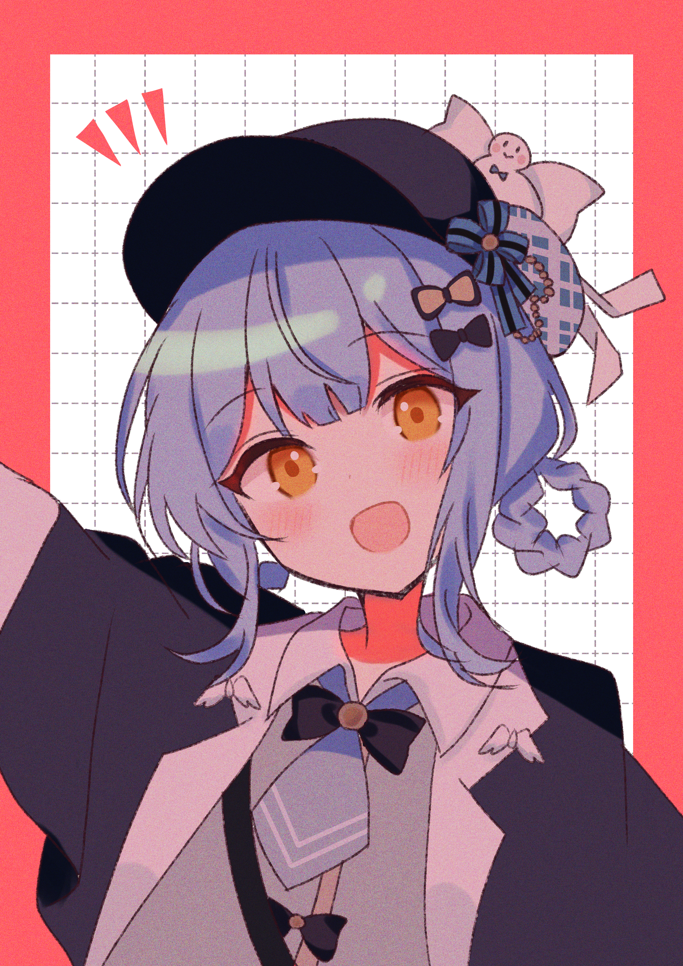 yua 666666, tachibana sherry, mahou shoujo no majo saiban, absurdres, commentary request, highres, 1girl, :d, black bow, black capelet, black hat, blue hair, blue necktie, blunt bangs, border, bow, braid, braided hair rings, capelet, collared shirt, detective, hair rings, hat, looking at viewer, magical girl, necktie, notice lines, open mouth, red border, shirt, short hair, smile, solo, upper body, white shirt, yellow eyes