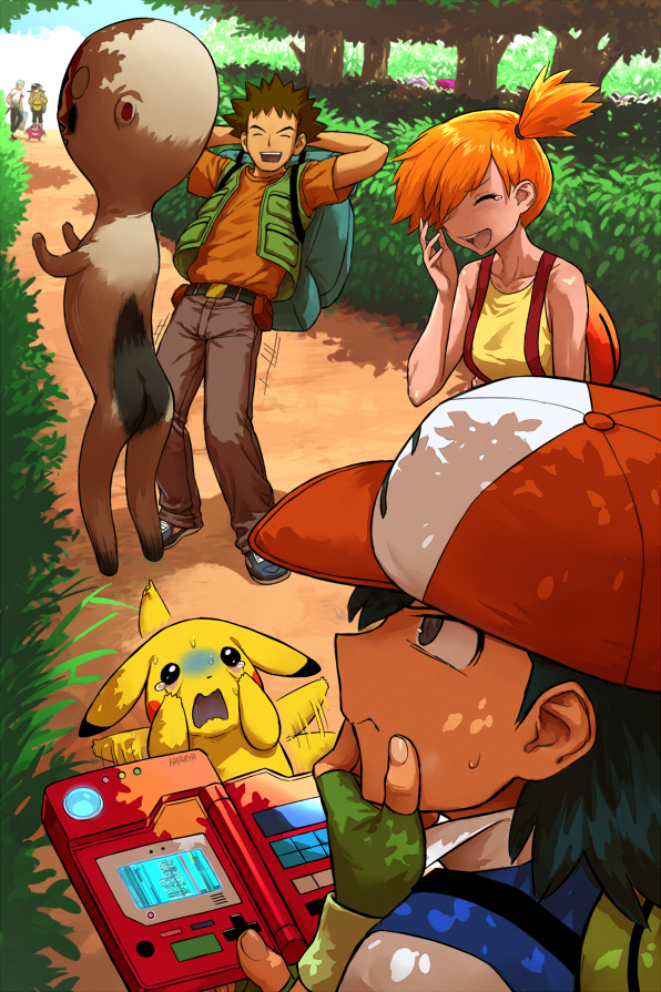 haraya manawari, ash ketchum, brock (pokemon), hibiki ryouga, james (pokemon), jessie (pokemon), missingno., misty (pokemon), pikachu, roronoa zoro, scp-173, ugandan knuckles, nintendo, one piece, pokemon, pokemon (anime), ranma 1/2, scp foundation, vrchat, commentary, english commentary, 2girls, 5boys, :d, ^ ^, afterimage, ass, backpack, bag, baseball cap, belt, black hair, breasts, brown hair, brown pants, bush, closed eyes, collarbone, crossover, day, fingerless gloves, forest, gen 1 pokemon, gloves, green gloves, green vest, hat, high side ponytail, laughing, looking at another, medium breasts, multiple boys, multiple crossover, multiple girls, nature, open mouth, orange hair, orange shirt, outdoors, pants, pokedex, pokemon (creature), scared, shirt, shoes, smile, spiked hair, statue, suspenders, sweatdrop, tank top, tears, thinking, tree, vest, yellow tank top