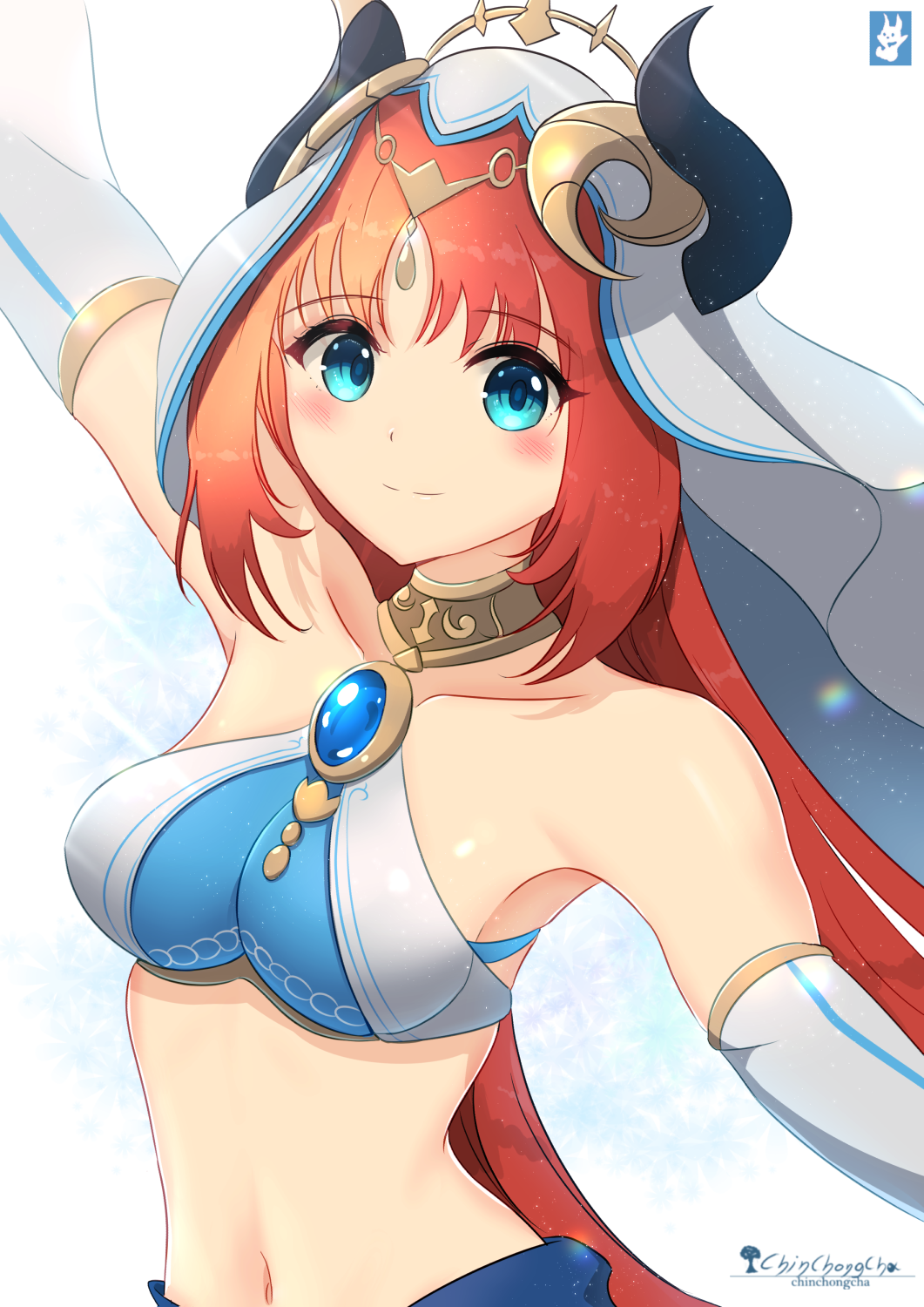 chinchongcha, nilou (genshin impact), genshin impact, commentary, highres, 1girl, arm up, blue eyes, blue gemstone, blush, breasts, circlet, closed mouth, crop top, detached sleeves, fake horns, gem, horns, light smile, long hair, looking at viewer, medium breasts, navel, parted bangs, red hair, solo, stomach, veil, very long hair, white veil