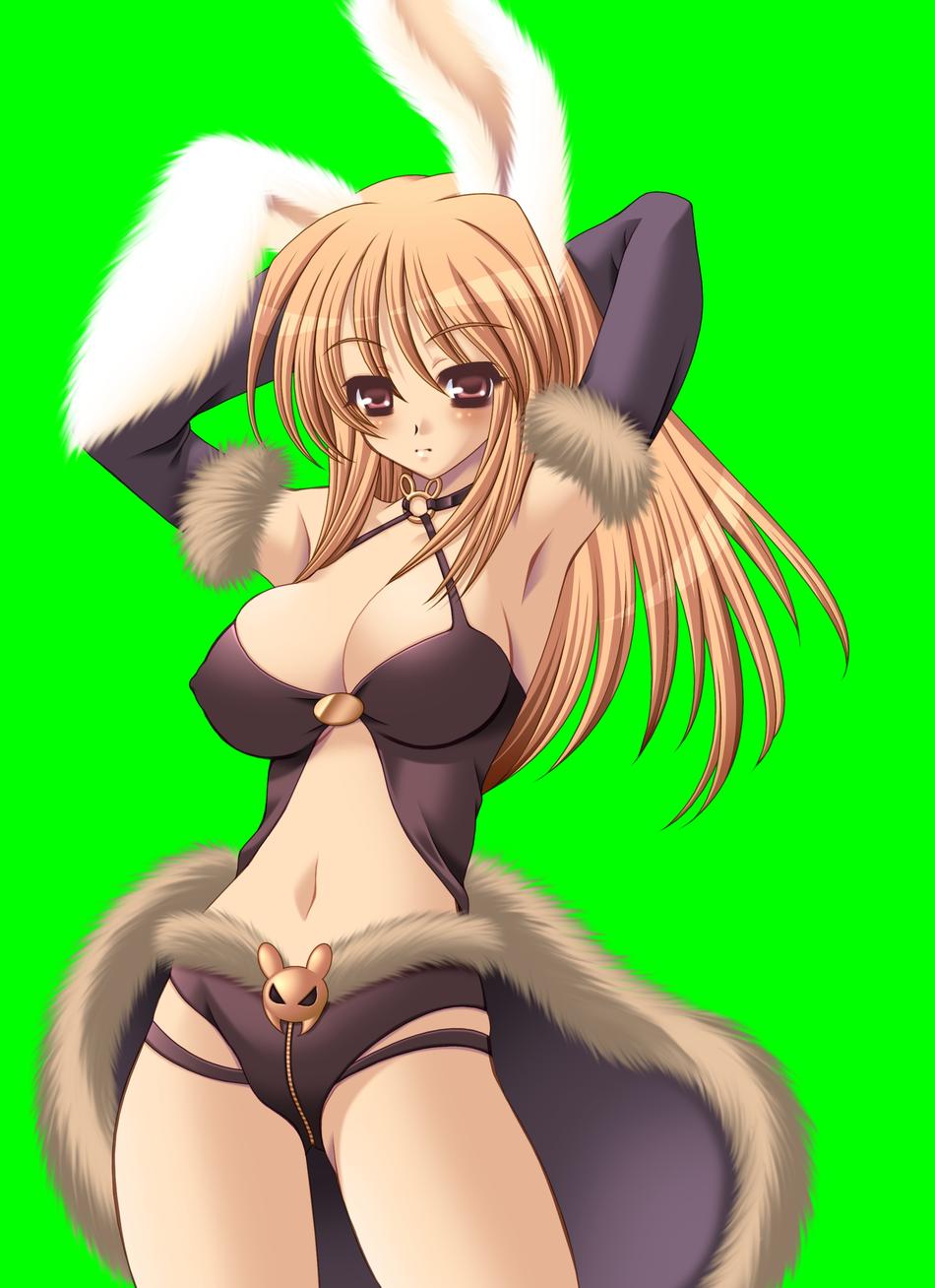 hakoiri nyanko, stalker, stalker (ragnarok online), ragnarok online, highres, 1girl, animal ears, blonde hair, blush, breasts, brown eyes, choker, cleavage, detached sleeves, female focus, fur-trimmed sleeves, fur-trimmed waist cape, fur trim, large breasts, long hair, o-ring, rabbit ears, short shorts, shorts, solo, waist cape