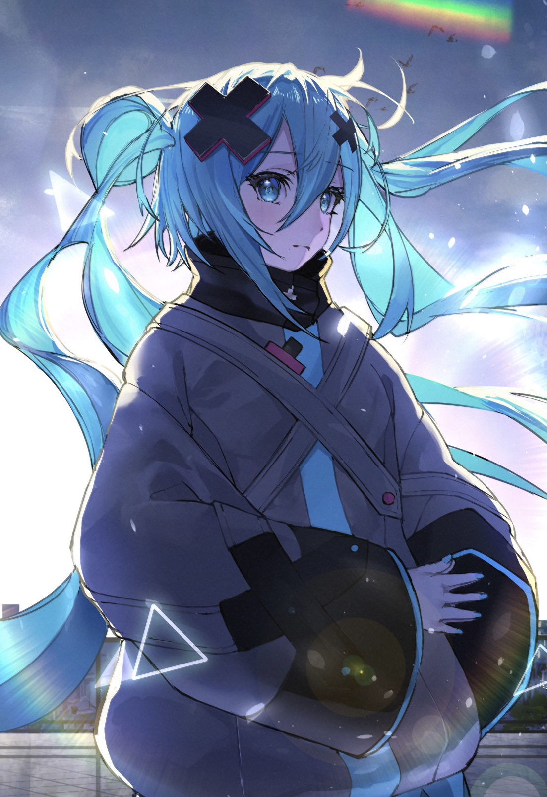 nushibautiful, batsu miku, hatsune miku, kowareta sekai to utaenai miku, project sekai, vocaloid, highres, 1girl, aqua eyes, aqua hair, aqua nails, blush, closed mouth, grey jacket, hair between eyes, hair ornament, jacket, long hair, long sleeves, solo, turtleneck, turtleneck jacket, twintails, very long hair, wide sleeves, x hair ornament