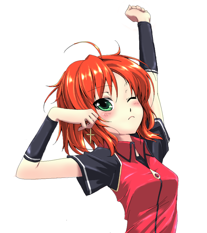 grune, haruyuki, arms up, blush, frown, green eyes, one eye closed, red hair, short hair, simple background, solo, stretching, vest, wink, zipper
