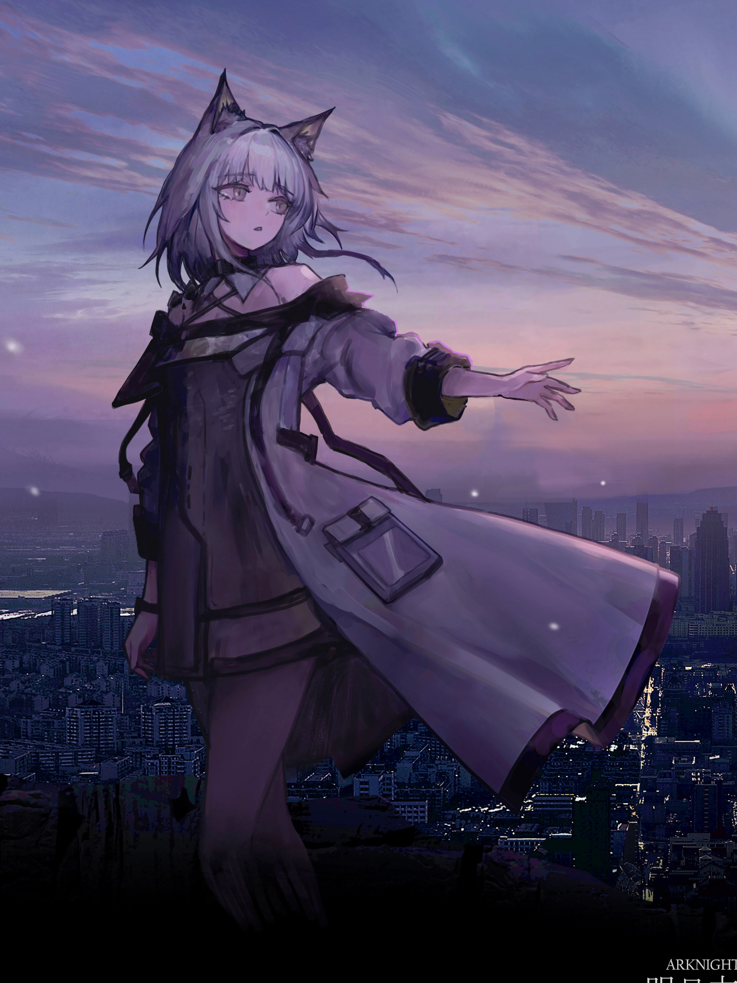 kal'tsit (arknights), arknights, absurdres, highres, 1girl, animal ears, bare shoulders, cat ears, cat girl, coat, green eyes, green shirt, grey hair, lab coat, looking at viewer, shirt, solo, thighs, uratani art, white coat