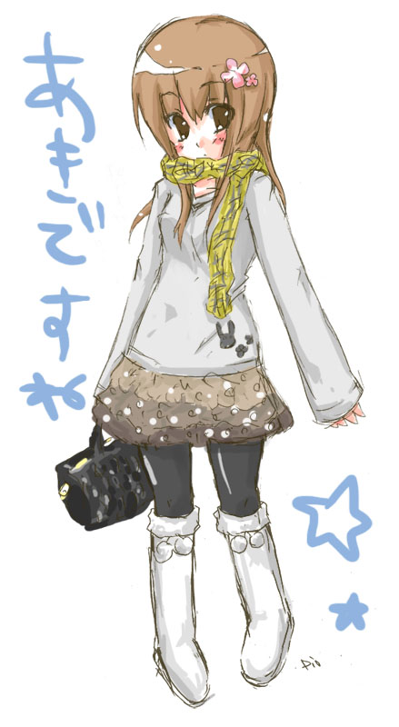 original, bag, boots, brown eyes, brown hair, handbag, long hair, pantyhose, scarf, skirt, solo, sweater