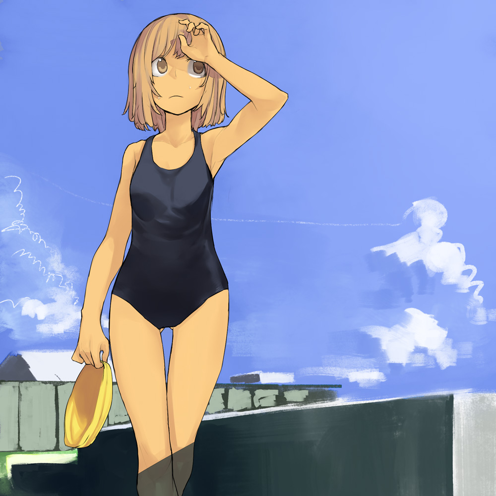 hama (22ji kara 24ji), original, 1girl, black one-piece swimsuit, bob cut, brown eyes, brown hair, cloud, day, female focus, hip focus, legs, looking up, one-piece swimsuit, outdoors, school swimsuit, shading eyes, short hair, sky, solo, sunlight, swimsuit, thigh gap, wide hips