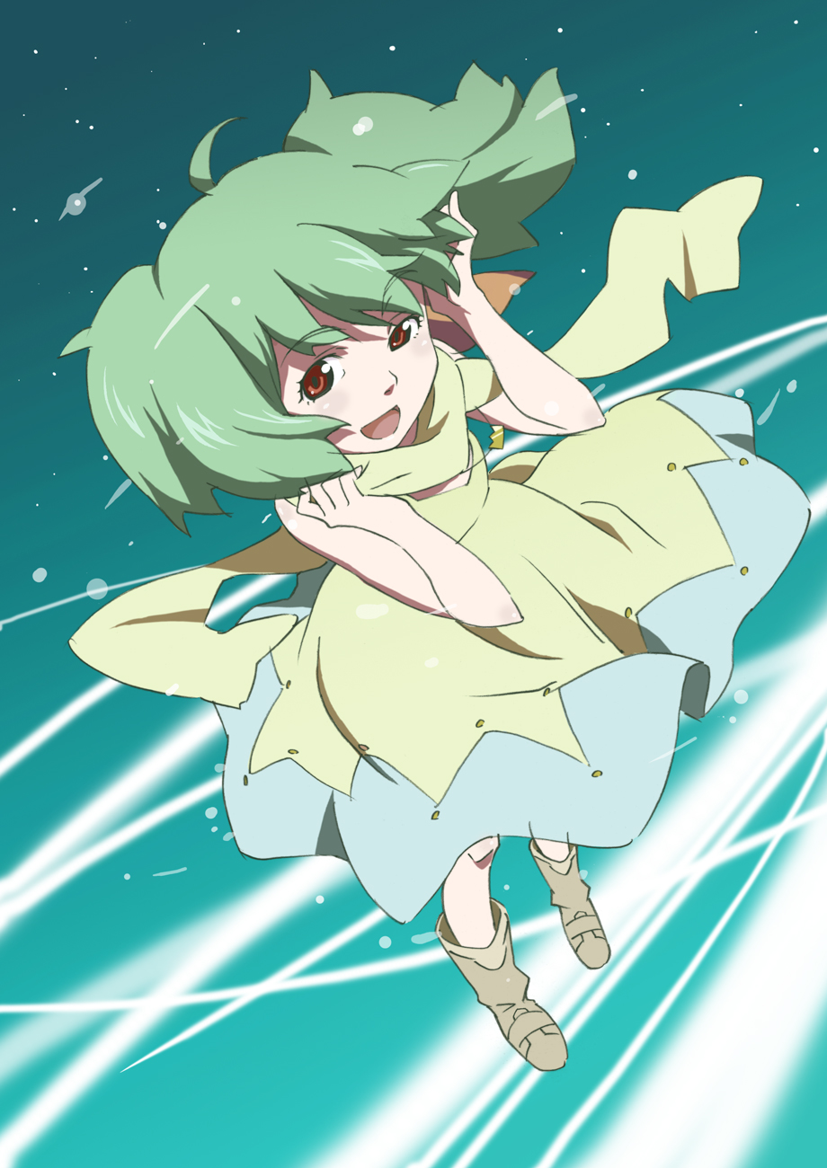sakizaki yuuho, ranka lee, macross, macross frontier, highres, 00s, 1girl, :d, bare shoulders, dress, female focus, foreshortening, full body, green hair, hands up, open mouth, red eyes, short hair, sleeveless, sleeveless dress, smile, solo, standing, twintails