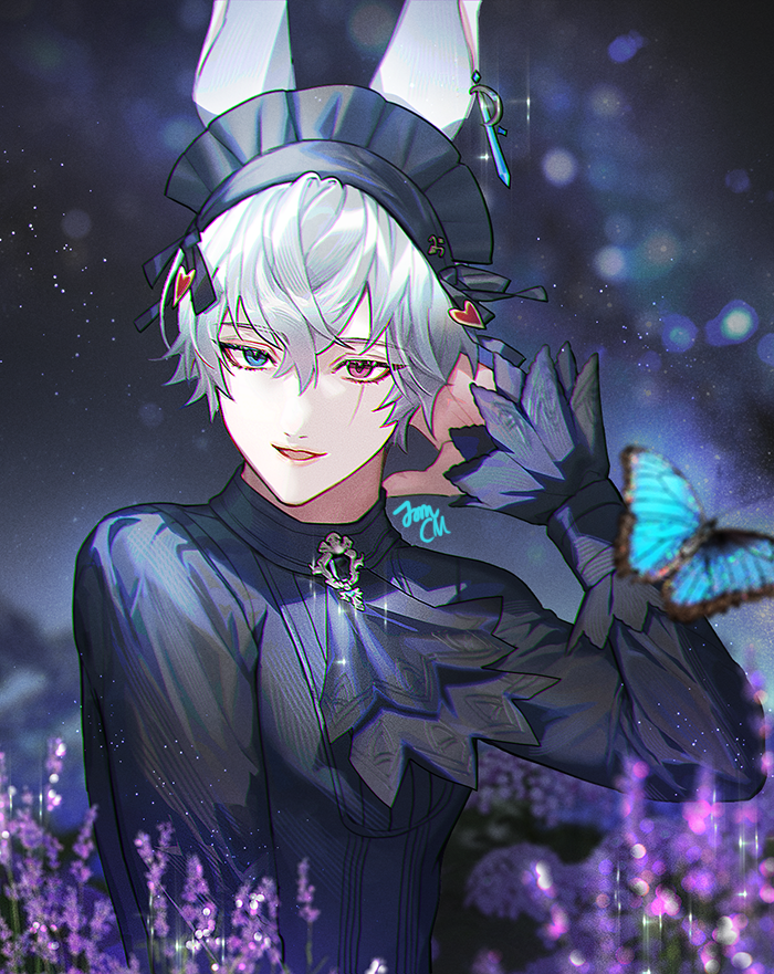 bamcream, final fantasy, final fantasy xiv, commentary, english commentary, official art, 1girl, animal ears, black hairband, black shirt, blue eyes, blurry, blurry background, bug, butterfly, grey hair, hair between eyes, hairband, hand up, heterochromia, insect, long sleeves, looking at viewer, open mouth, rabbit ears, rabbit girl, red eyes, shirt, short hair, smile, solo, upper body, viera