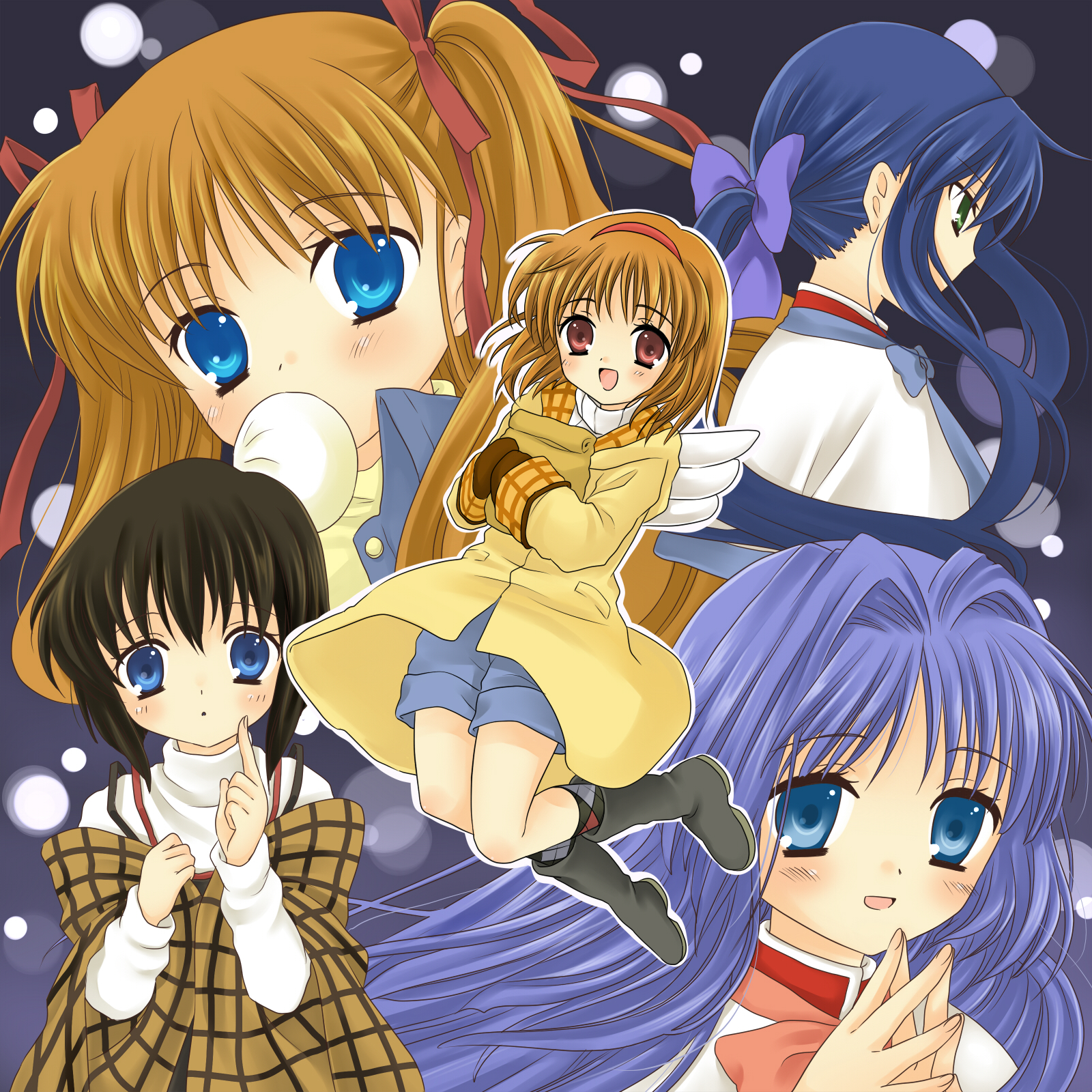 hanabana tsubomi, kawasumi mai, minase nayuki, misaka shiori, sawatari makoto, tsukimiya ayu, kanon, bad id, bad pixiv id, highres, 5girls, multiple girls, shorts