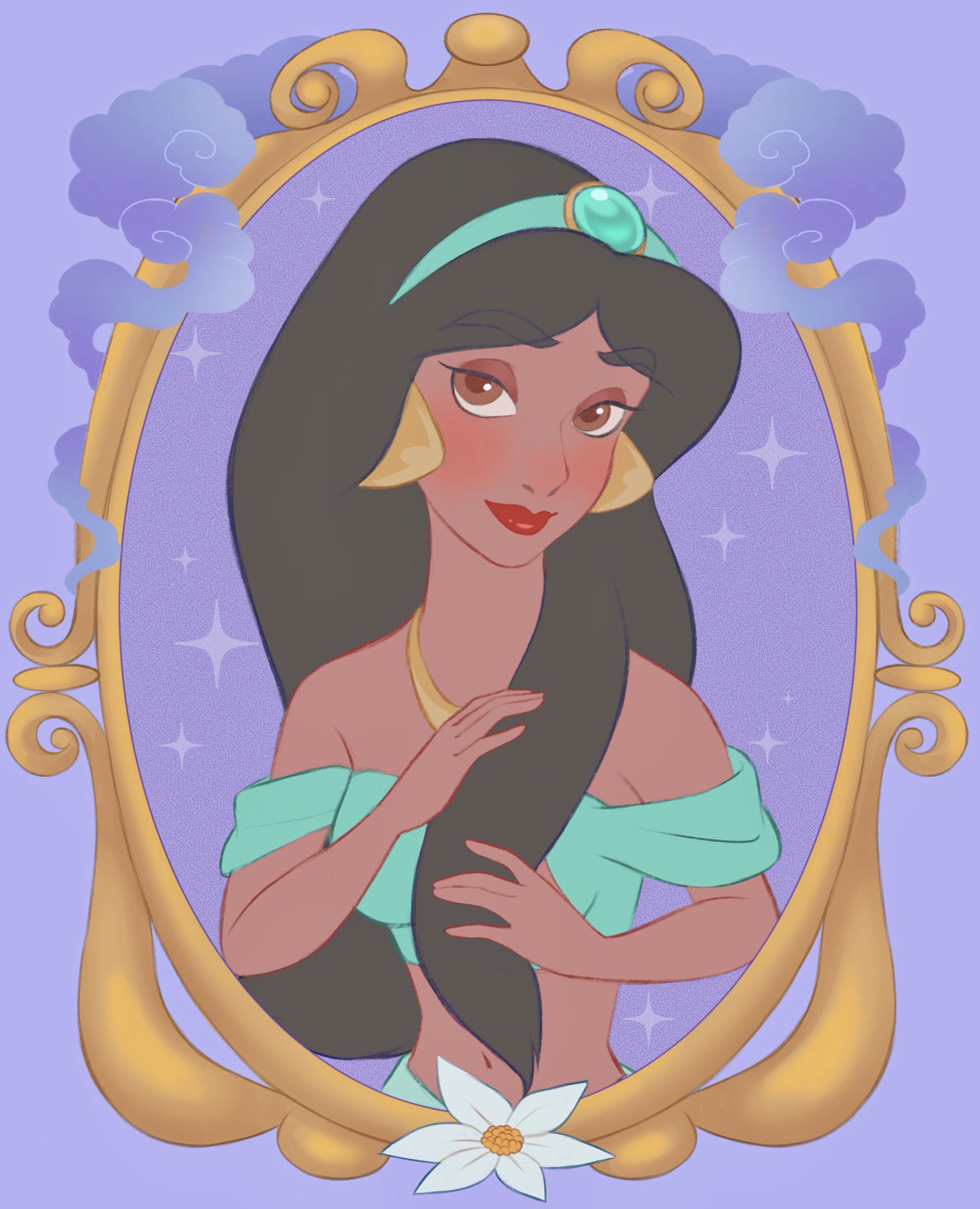 ri ri ri2, jasmine (disney), aladdin (movie), highres, 1girl, arabian clothes, bare shoulders, black hair, breasts, brown eyes, dark-skinned female, dark skin, earrings, jewelry, long hair, looking at viewer, navel, off shoulder, princess, shirt, smile, solo, very long hair