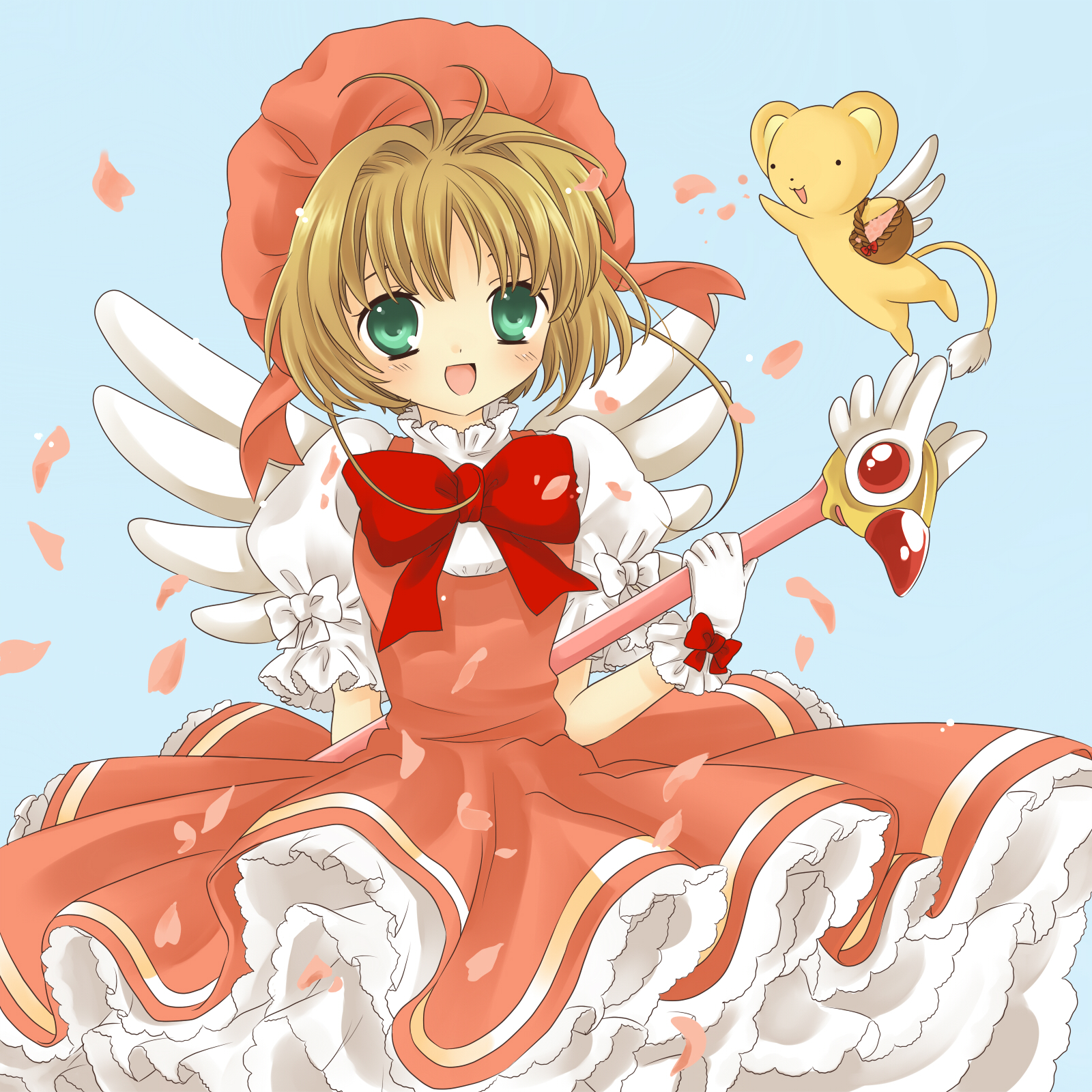 hanabana tsubomi, kero (cardcaptor sakura), kinomoto sakura, kinomoto sakura (magician), cardcaptor sakura, highres, 1990s (style), 1girl, child, female focus, fuuin no tsue, hat, magical girl, pink hat, retro artstyle, solo