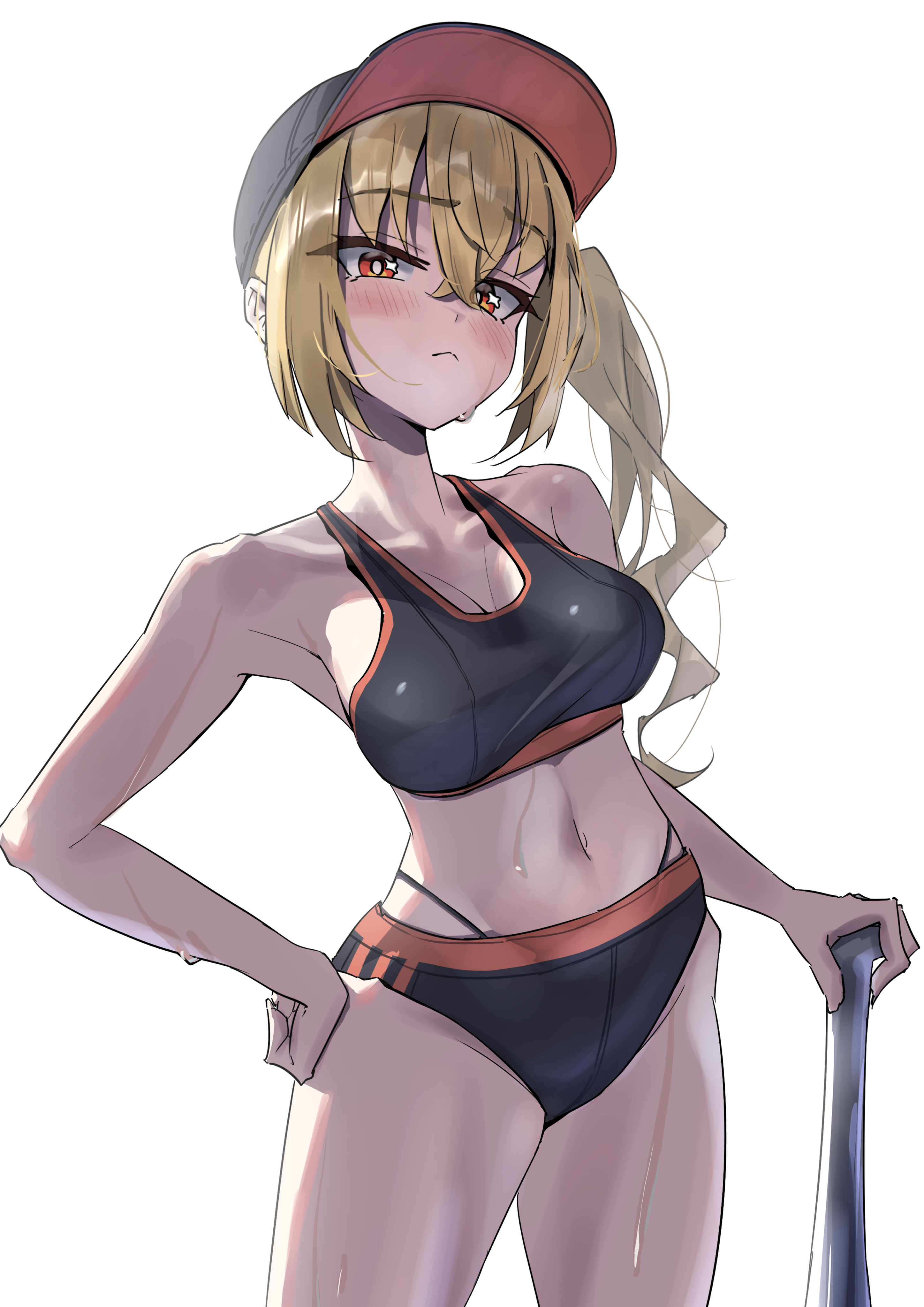 tora (kumo sakamoto), luciana de montefio, zenless zone zero, absurdres, highres, 1girl, :<, alternate costume, baseball bat, baseball cap, black panties, black tank top, blonde hair, blush, breasts, hand on own hip, hat, holding, holding baseball bat, medium breasts, navel, panties, red eyes, side ponytail, simple background, solo, stomach, sweat, tank top, underwear, white background