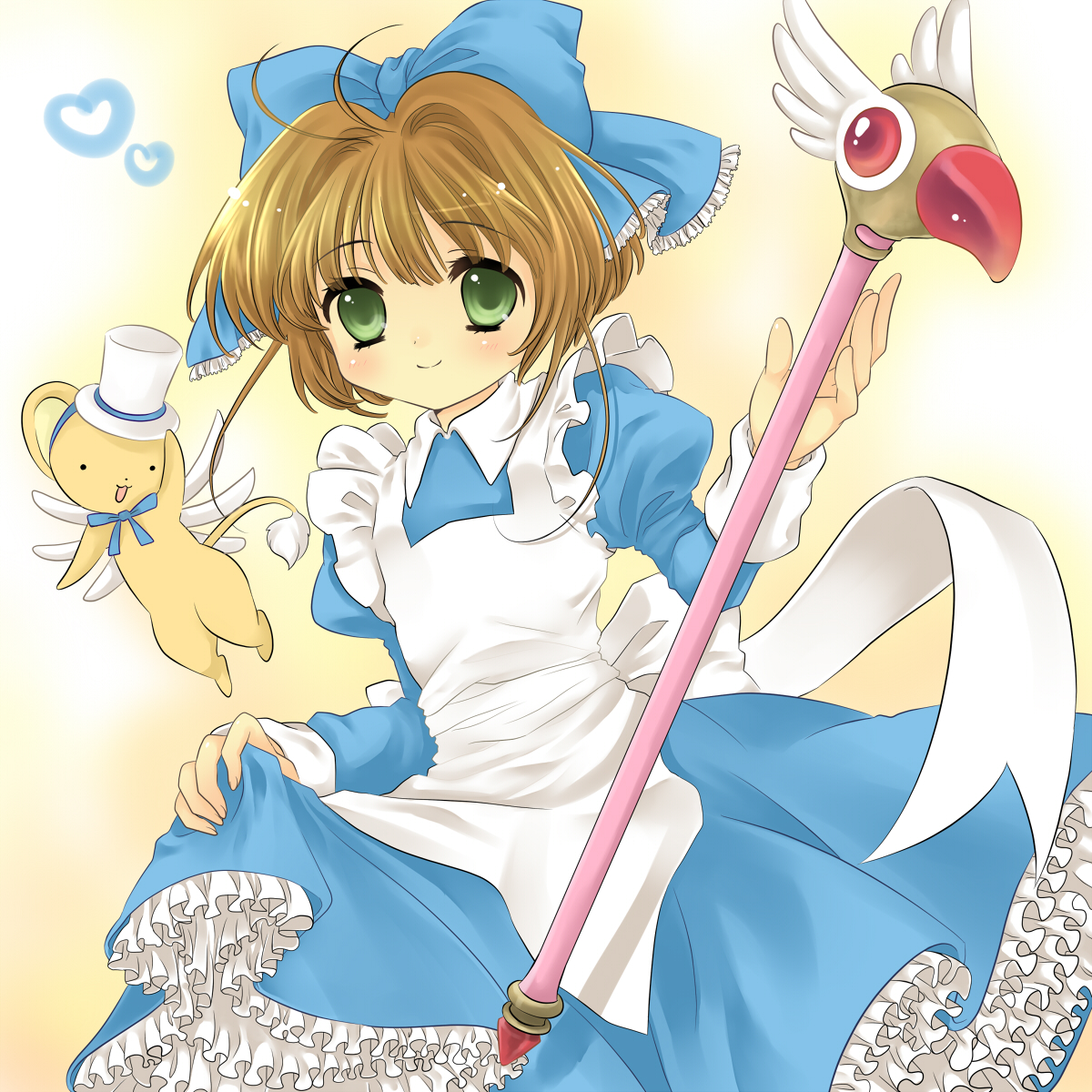 hanabana tsubomi, alice (alice in wonderland), kero (cardcaptor sakura), kinomoto sakura, kinomoto sakura (princess dreams), alice's adventures in wonderland, cardcaptor sakura, bad id, bad pixiv id, highres, 1girl, alice (alice in wonderland) (cosplay), child, cosplay, female focus, fuuin no tsue, magical girl, ribbon, solo, staff