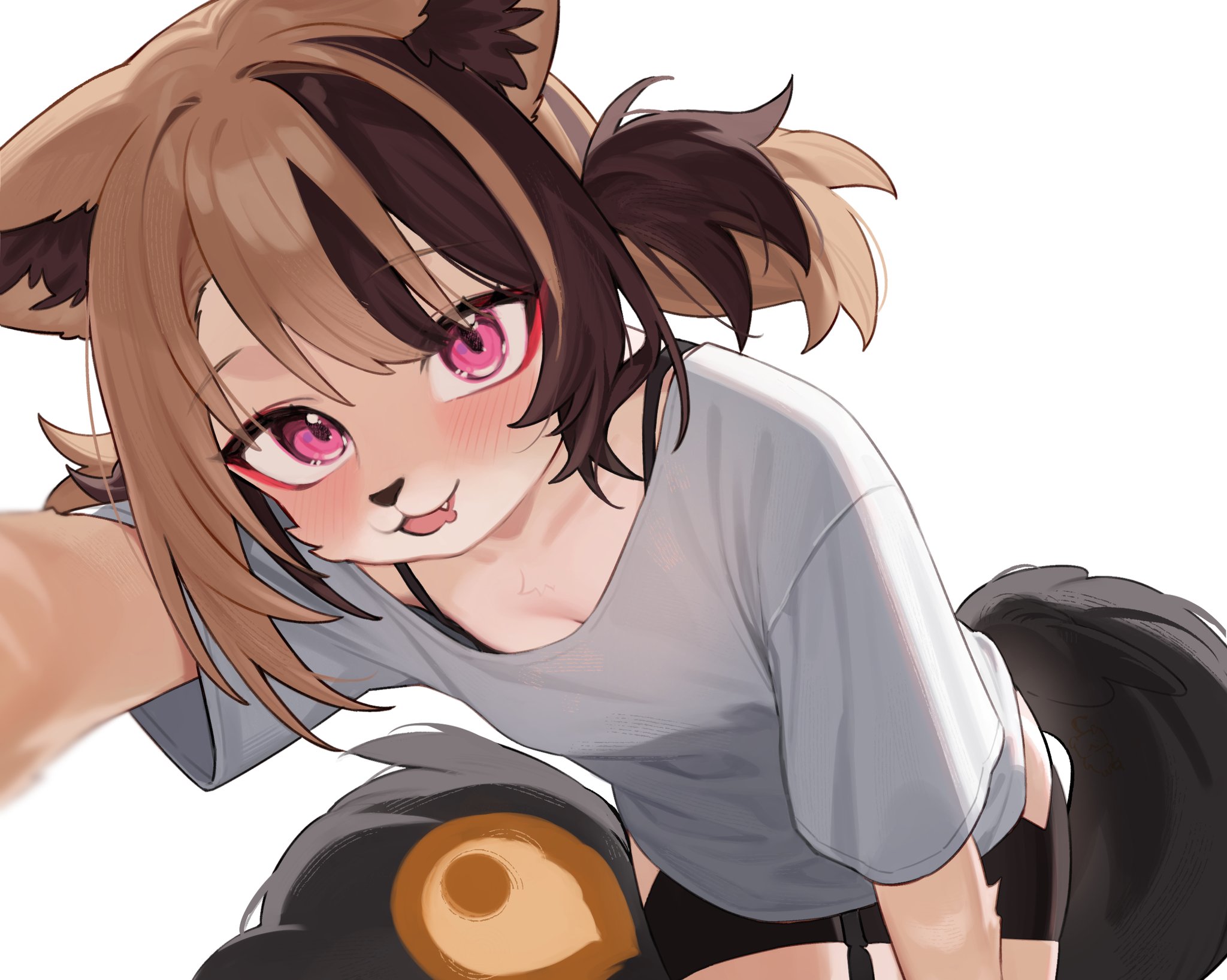 hoshi usagi, gigi murin, hololive, hololive english, commentary, english commentary, highres, 1girl, :3, :d, animal ears, animal nose, bent over, black shorts, bra strap, breasts, brown hair, cleavage, clothing cutout, fang, hip vent, multicolored hair, open mouth, outstretched arm, pink eyes, reaching, reaching towards viewer, shirt, short hair, short shorts, short twintails, shorts, simple background, small breasts, smile, solo, t-shirt, tail, twintails, two-tone hair, virtual youtuber, white background, white shirt, wolf ears, wolf girl, wolf tail