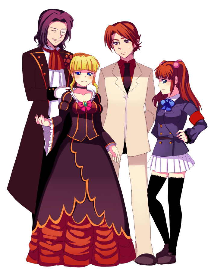 subaru (yachika), beatrice (umineko), ronove (umineko), ushiromiya ange, ushiromiya battler, umineko no naku koro ni, 00s, 2boys, 2girls, armband, blonde hair, blue eyes, blush, dress, multiple boys, multiple girls, red hair, smile, thighhighs, zettai ryouiki