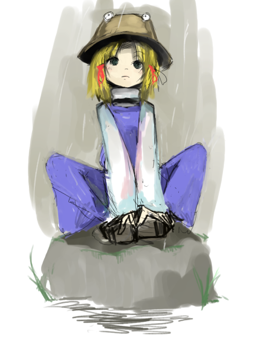 luft (luft dokka), moriya suwako, touhou, 1girl, blonde hair, blue dress, brown hat, dress, extra eyes, female focus, hair ribbon, hat, indian style, long sleeves, red ribbon, ribbon, rock, short hair, sitting, solo, spread legs