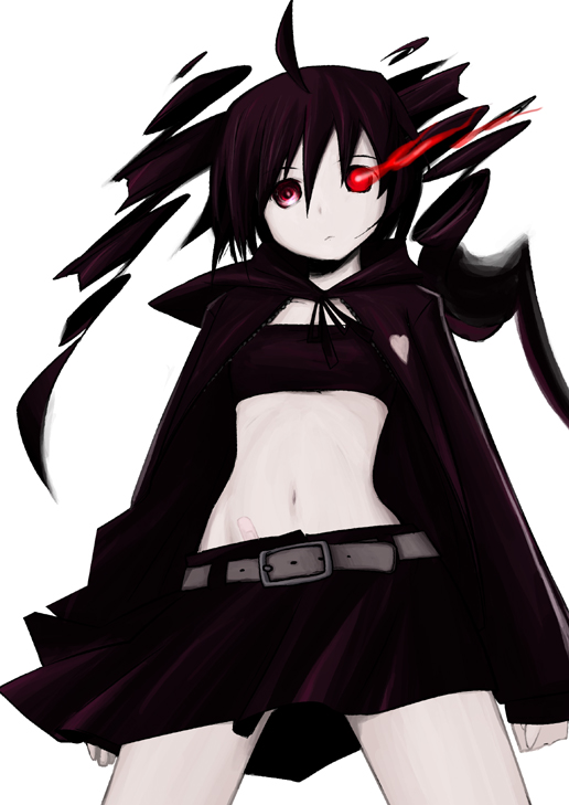 kazu3 (kazumin), black rock shooter (character), kasane teto, black rock shooter, utau, vocaloid, 1girl, ahoge, bandaid, belt, bikini, bikini top only, black hair, black rock shooter (cosplay), cape, cosplay, drill hair, female focus, flat chest, midriff, red eyes, scar, shorts, solo, swimsuit, twin drills, twintails