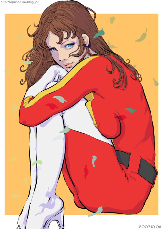 oprince, grendizer, maria grace fleed, mazinger (series), toei company, ufo robo grendizer, 1970s (style), 1girl, blue eyes, bodysuit, boots, breasts, brown hair, covered erect nipples, female focus, large breasts, lipstick, makeup, oldschool, retro artstyle, sitting, solo, thigh boots, thighhighs