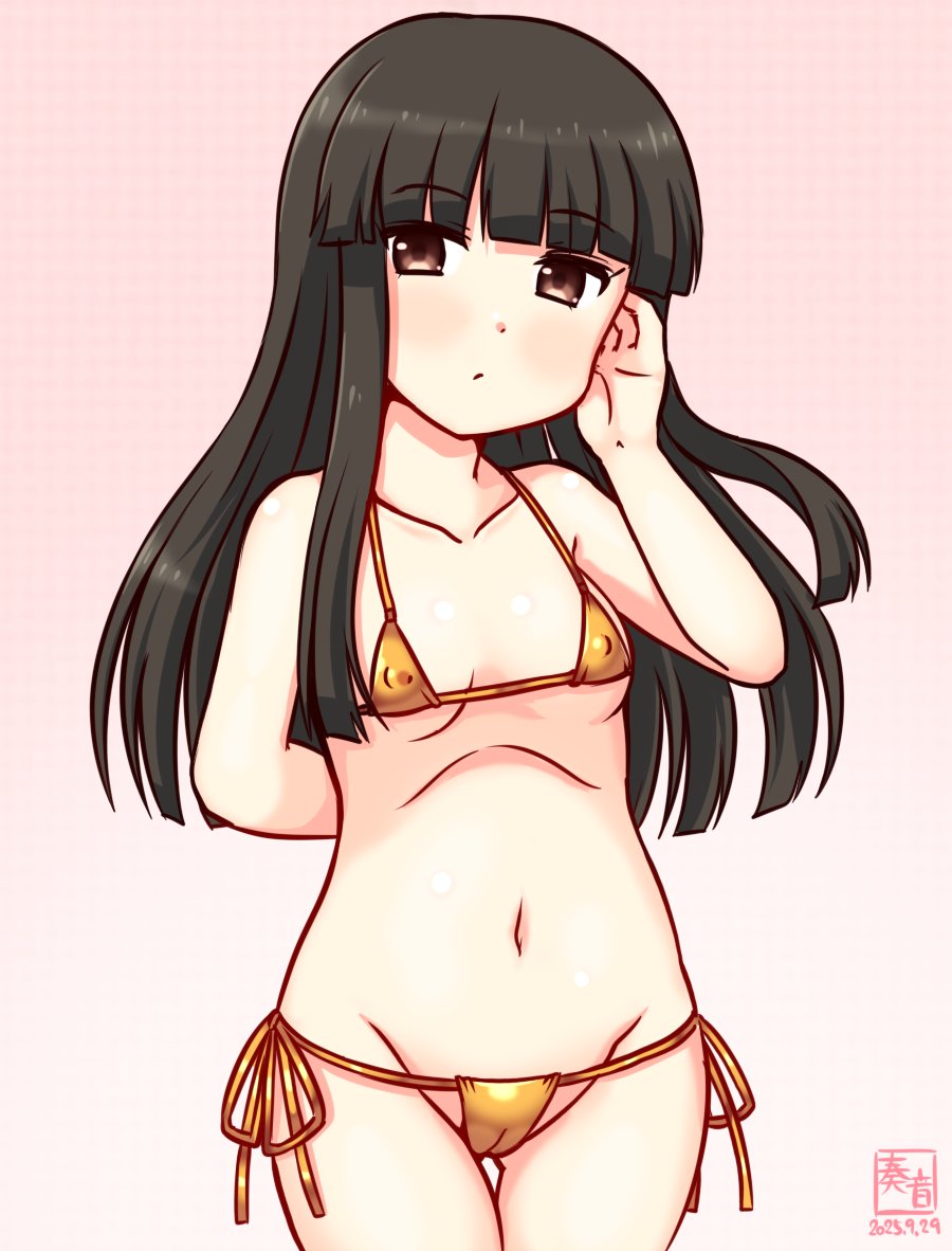 kanon (kurogane knights), hatsuyuki (kancolle), kantai collection, commentary request, 1girl, artist logo, bikini, black hair, blunt bangs, brown eyes, cameltoe, covered erect nipples, dated, gluteal fold, gold bikini, gradient background, groin, logo, long hair, lowleg, lowleg bikini, micro bikini, navel, one-hour drawing challenge, pink background, side-tie bikini bottom, solo, swimsuit, thigh gap