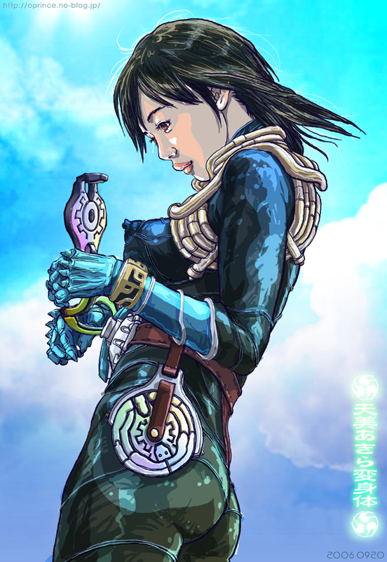 oprince, amami akira, kamen rider amaki, kamen rider hibiki, kamen rider, kamen rider dcd, kamen rider hibiki (series), 1girl, bodysuit, breasts, cloud, covered erect nipples, female focus, gloves, medium breasts, sky, solo