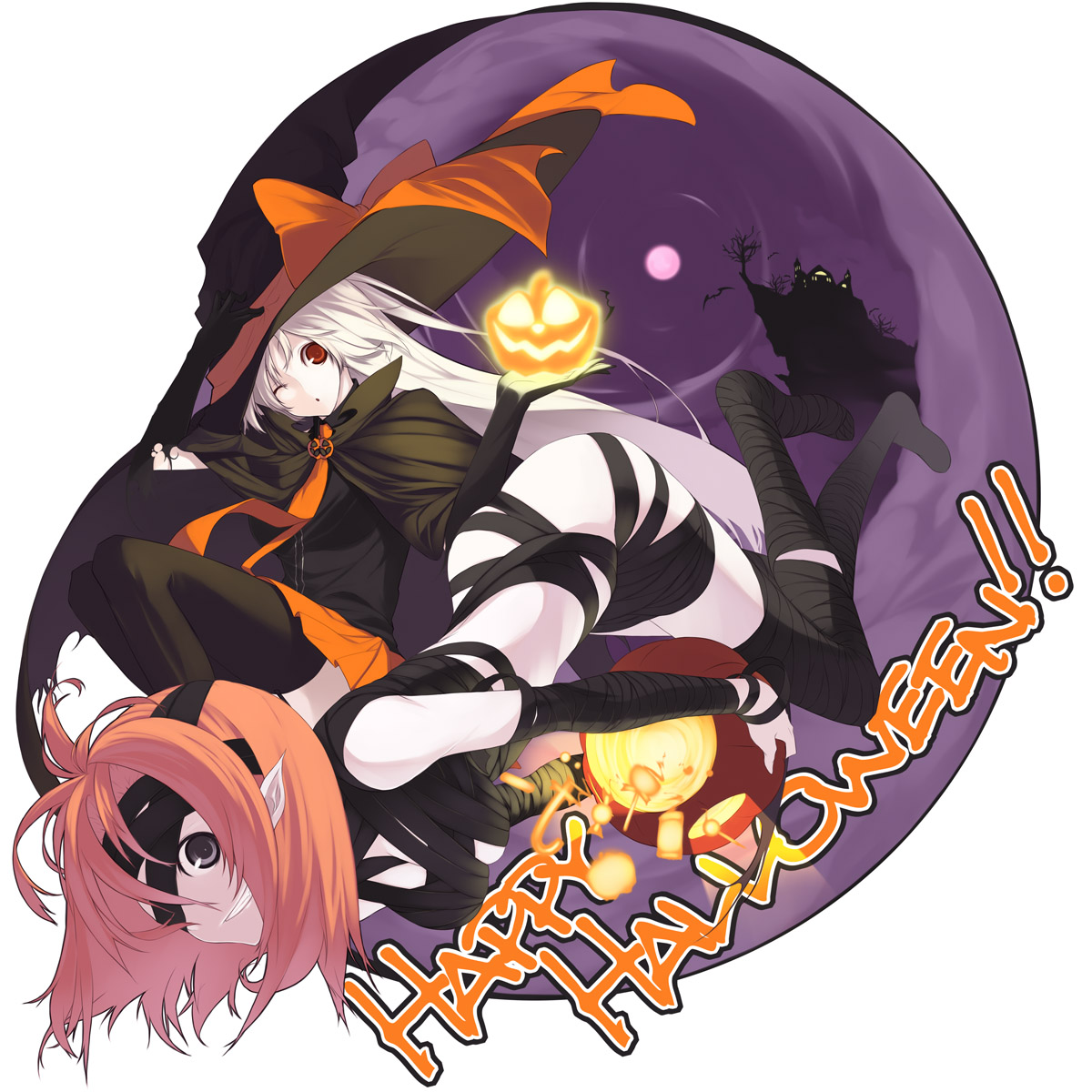senmu (senmudayo), highres, 2girls, bandage over one eye, bandages, bat (animal), eyepatch, halloween, happy halloween, hat, jack-o'-lantern, long hair, moon, multiple girls, naked bandage, one eye closed, orange hair, pale skin, pointy ears, pumpkin, red eyes, short hair, strap, thighhighs, white hair, wink, witch hat